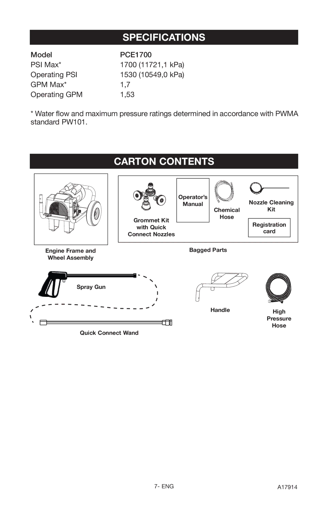 Porter-Cable PCE1700, A17914-05-10-06 instruction manual Specifications, Carton Contents 