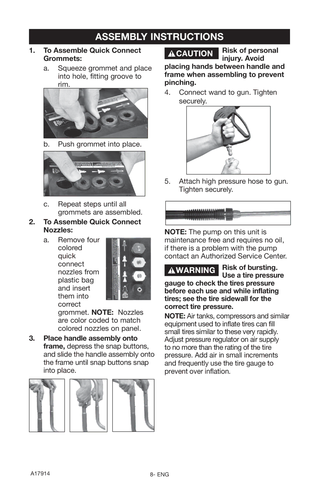 Porter-Cable A17914-05-10-06 Assembly Instructions, To Assemble Quick Connect Grommets, To Assemble Quick Connect Nozzles 