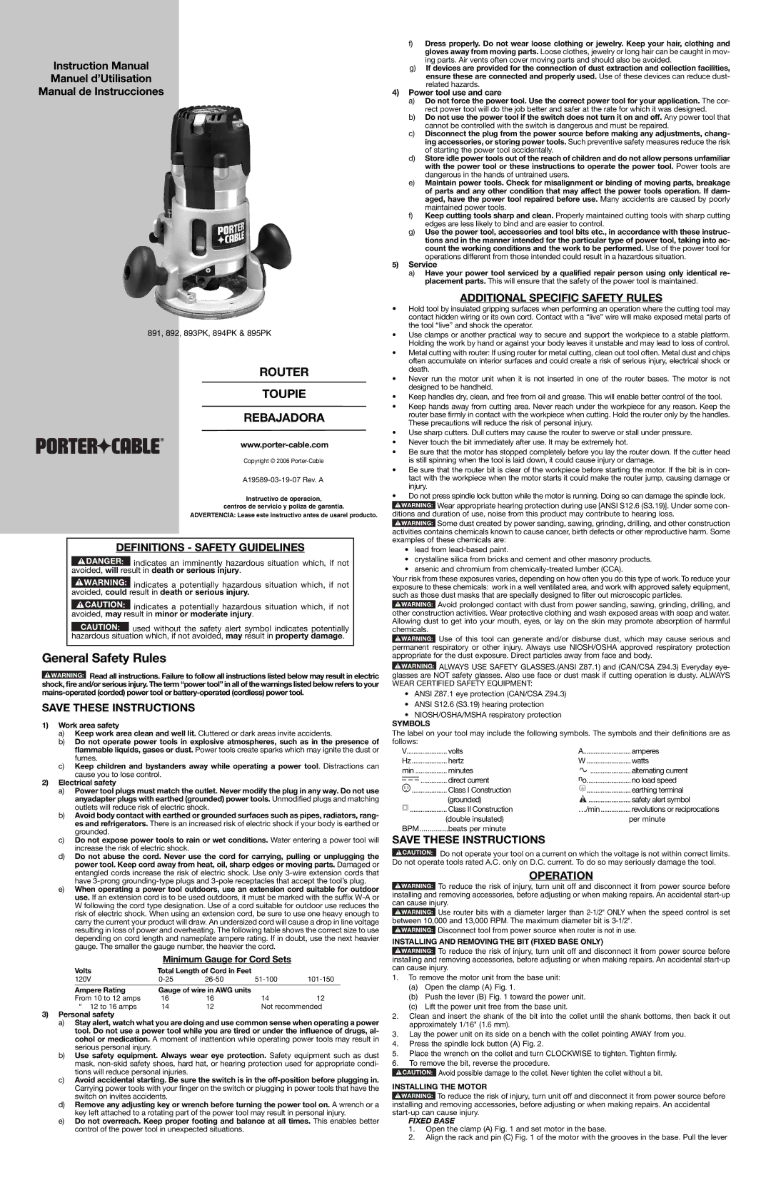 Porter-Cable 893PK, A19589, 895PK, 894PK instruction manual General Safety Rules, Definitions Safety Guidelines, Operation 