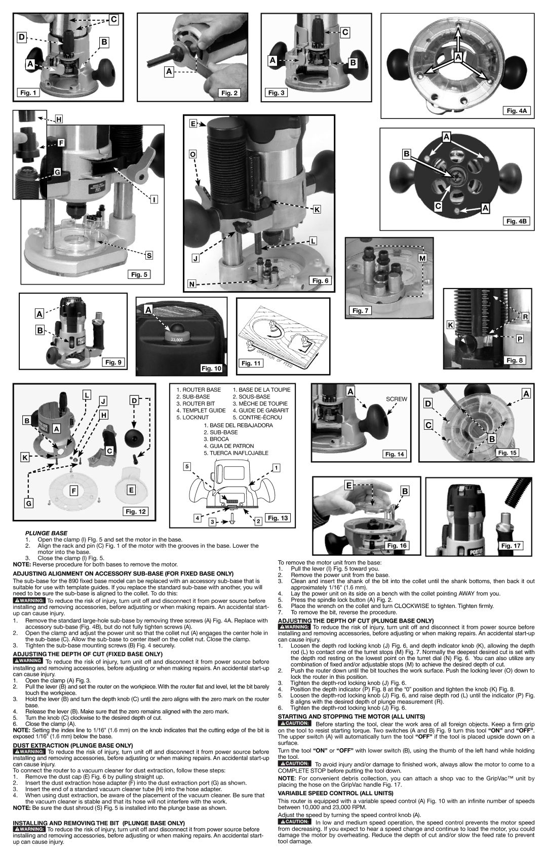 Porter-Cable 895PK, A19589 Adjusting the Depth of CUT Plunge Base only, Adjusting the Depth of CUT Fixed Base only 