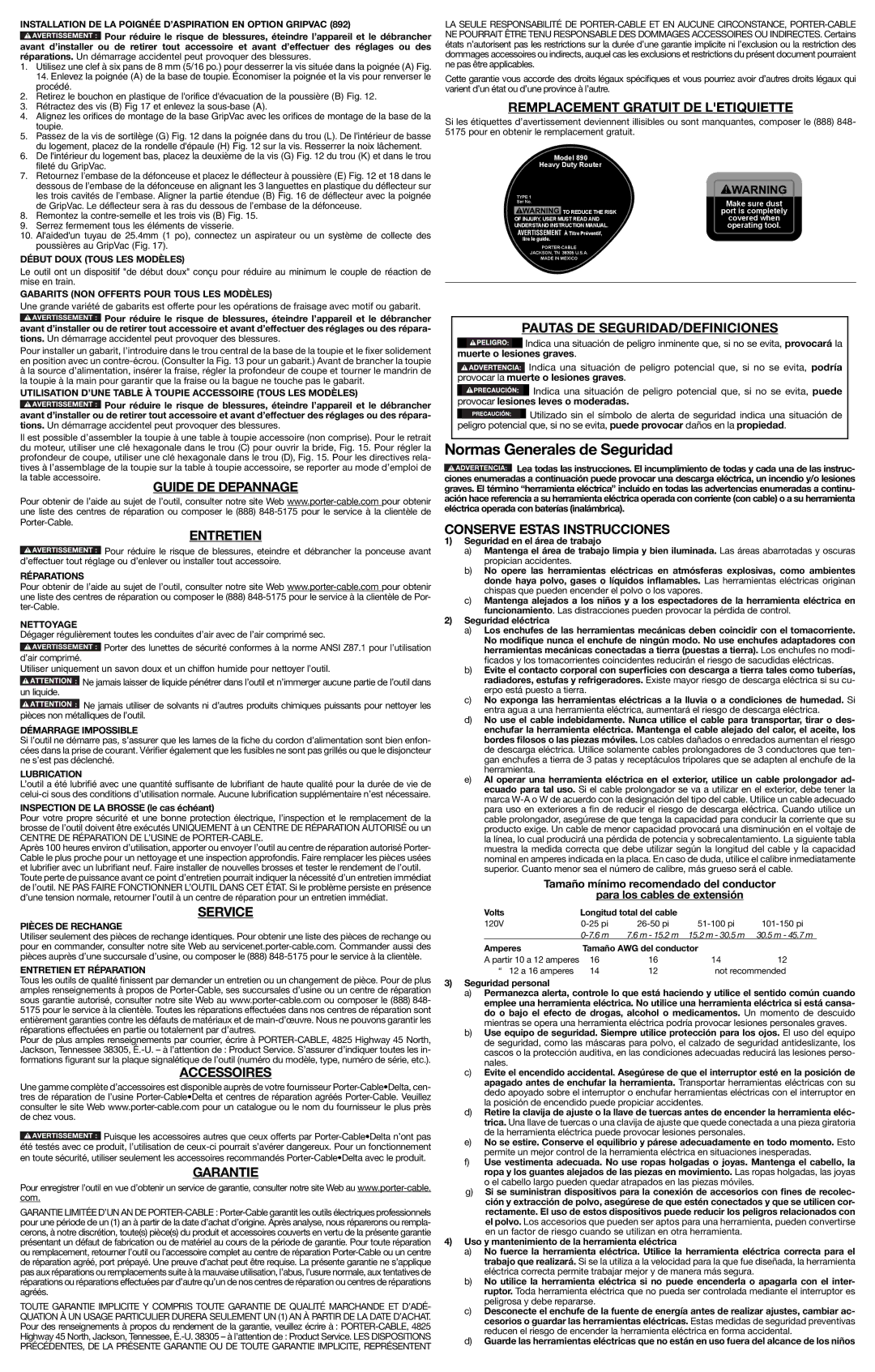 Porter-Cable 893PK, A19589, 895PK, 894PK instruction manual Normas Generales de Seguridad 