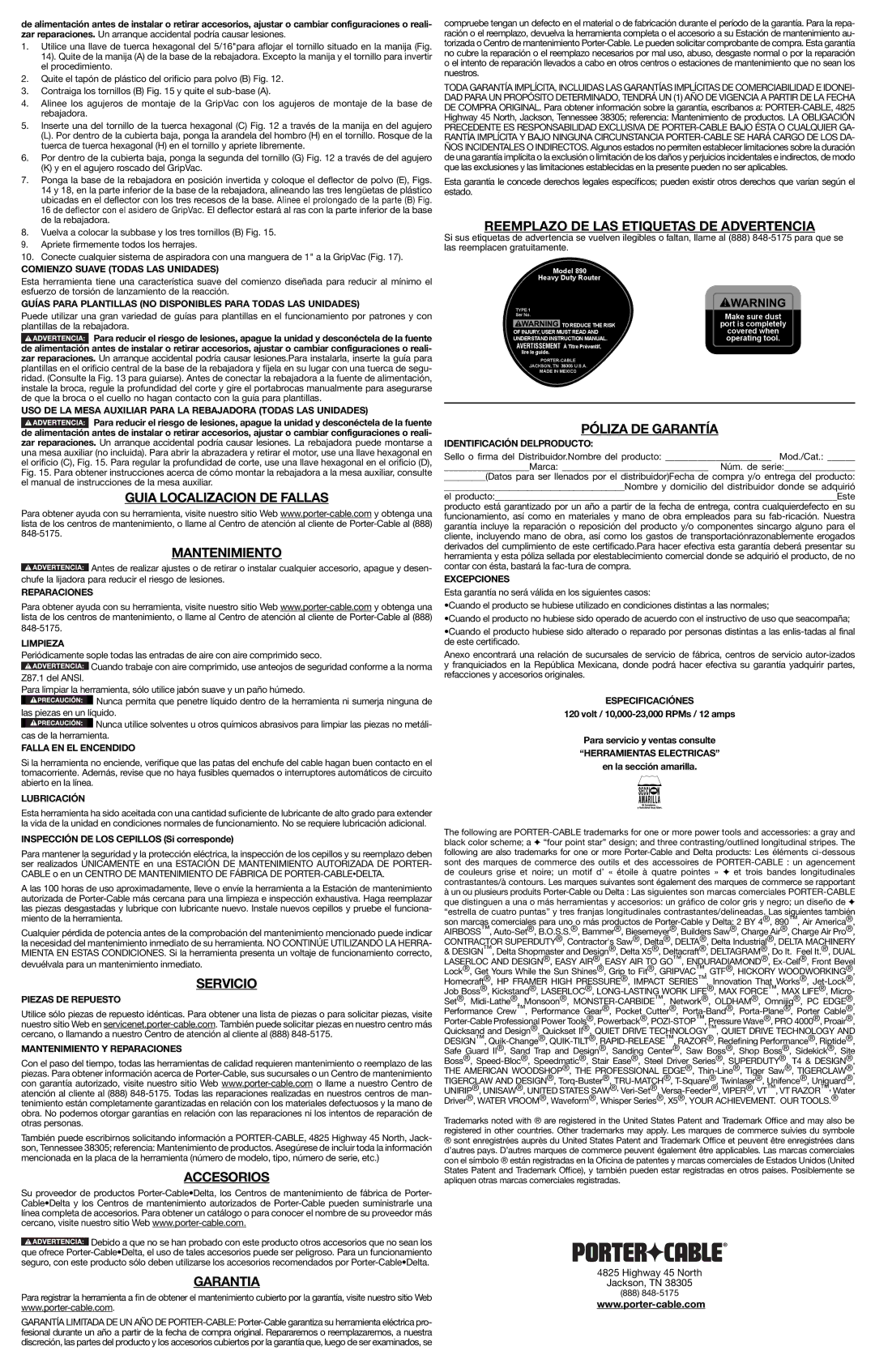 Porter-Cable 894PK, A19589 Guia Localizacion DE Fallas Mantenimiento, Servicio, Accesorios, Garantia, Póliza DE Garantía 