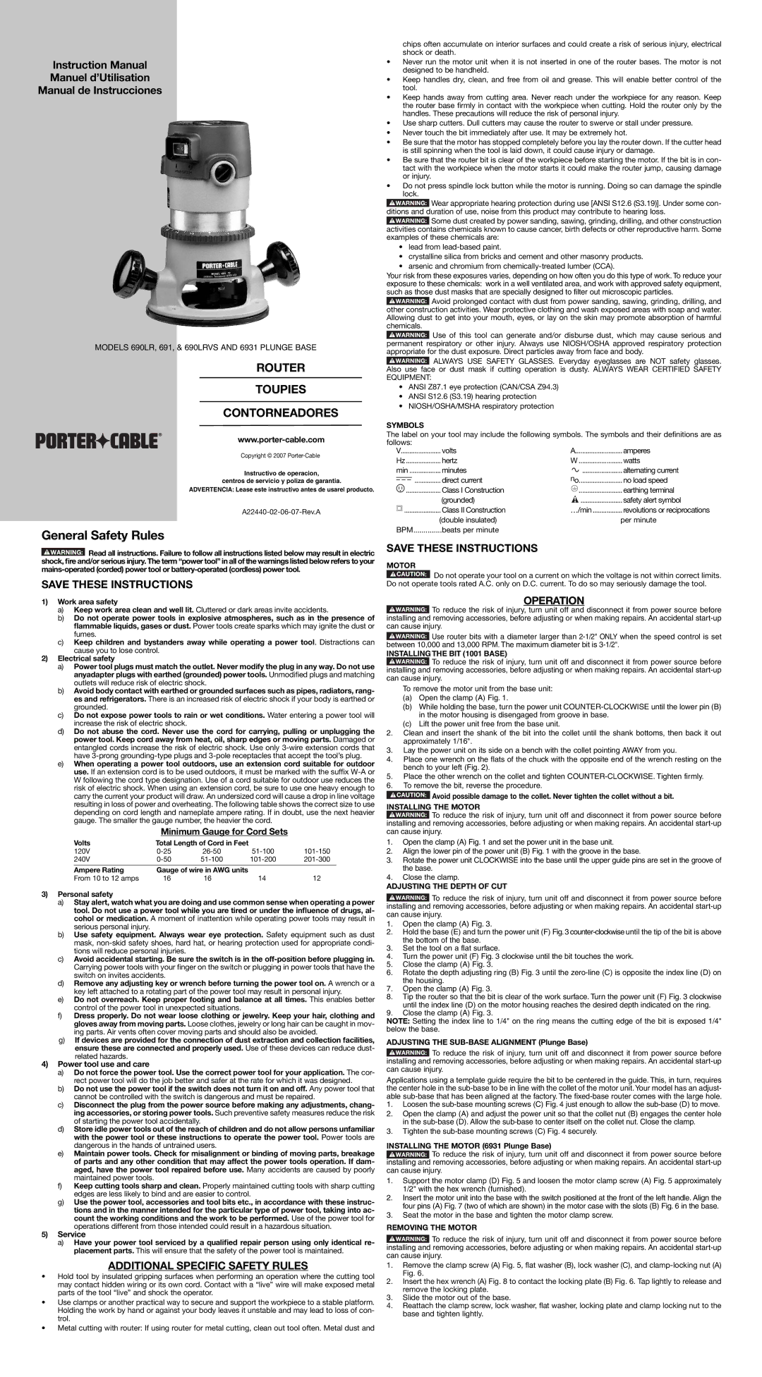 Porter-Cable A22440 instruction manual General Safety Rules, Additional Specific Safety Rules, Operation 