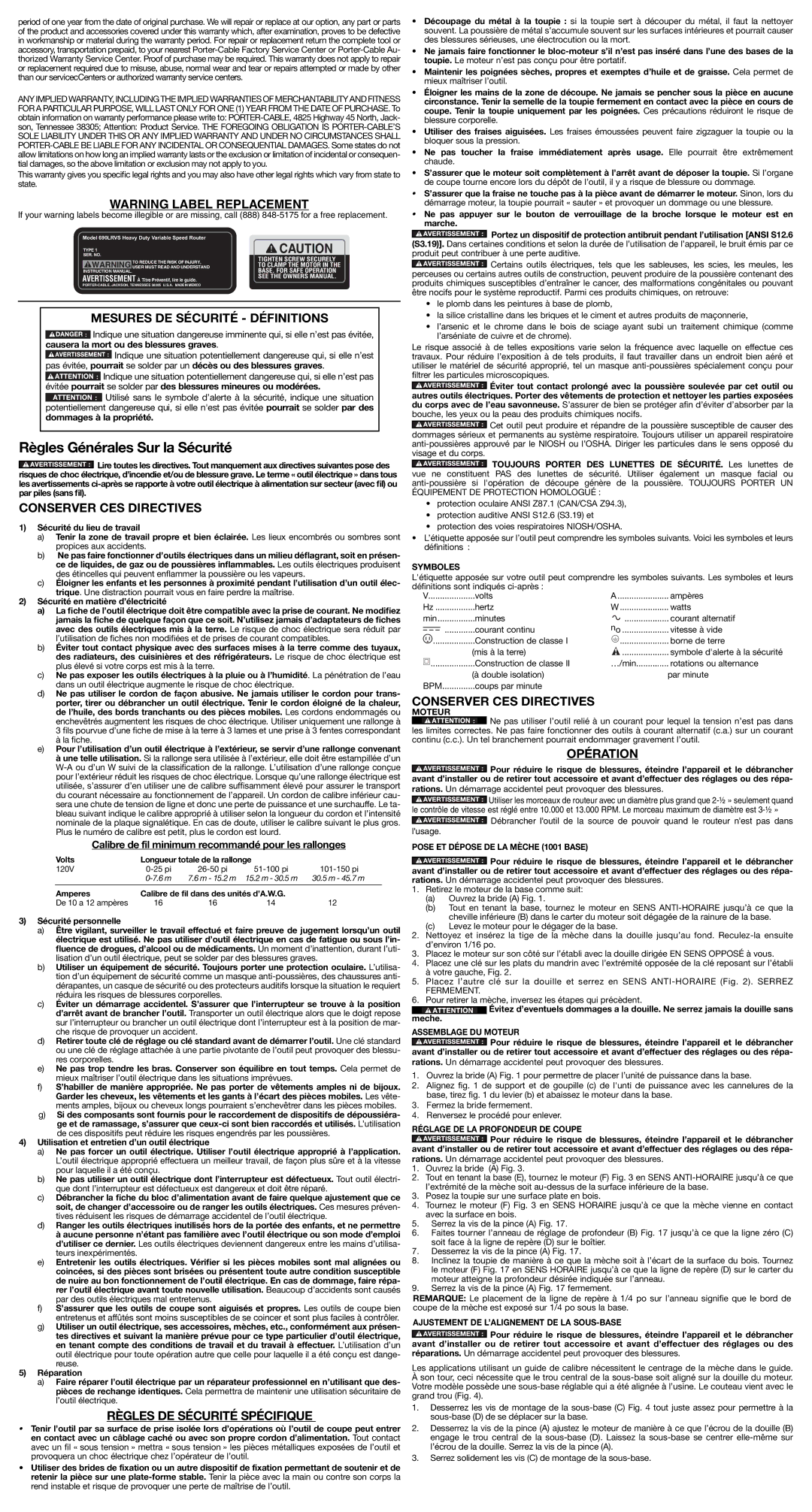 Porter-Cable A22440 Règles Générales Sur la Sécurité, Mesures DE Sécurité Définitions, Conserver CES Directives, Opération 