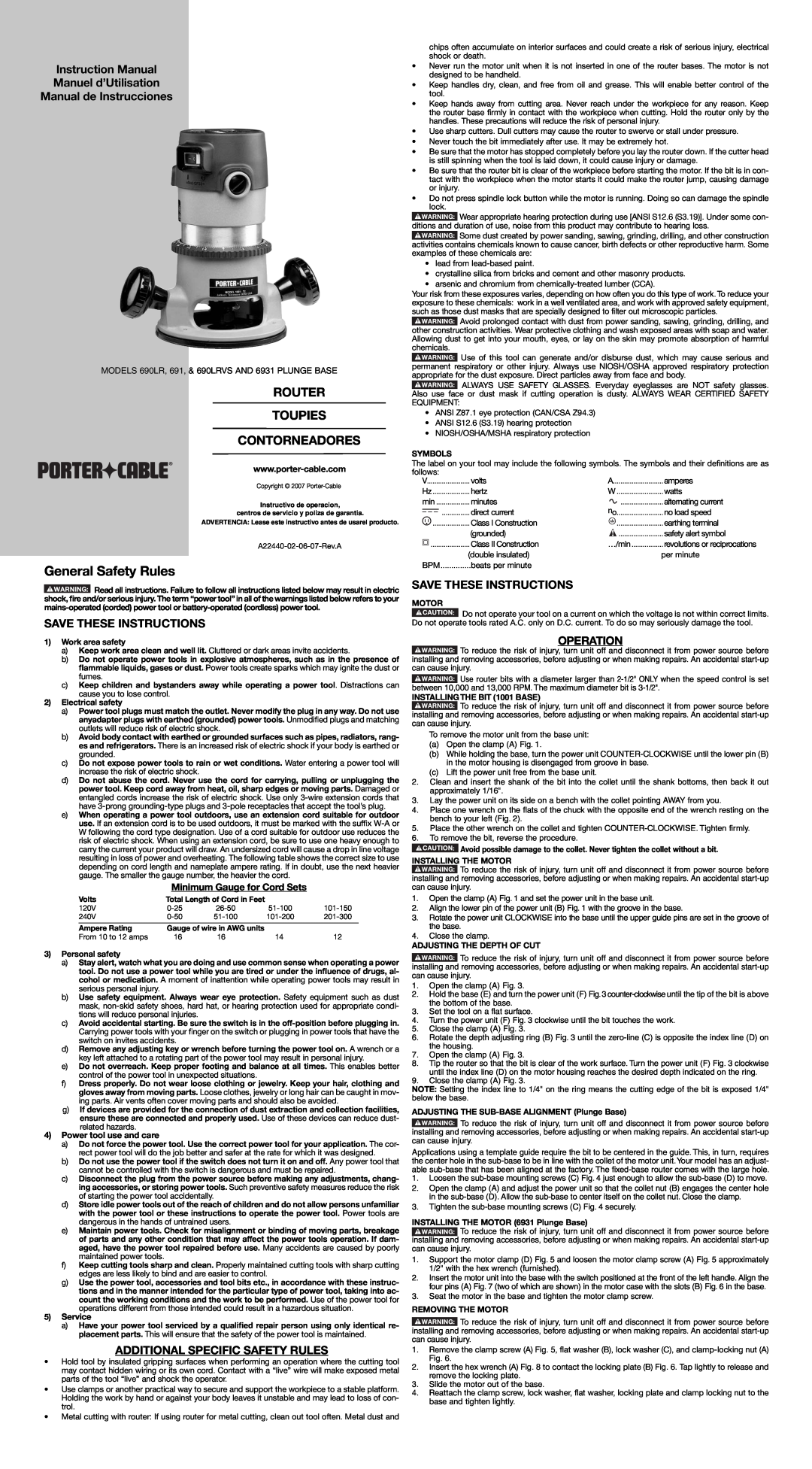 Porter-Cable A22440 instruction manual General Safety Rules, Save These Instructions, Additional Specific Safety Rules 