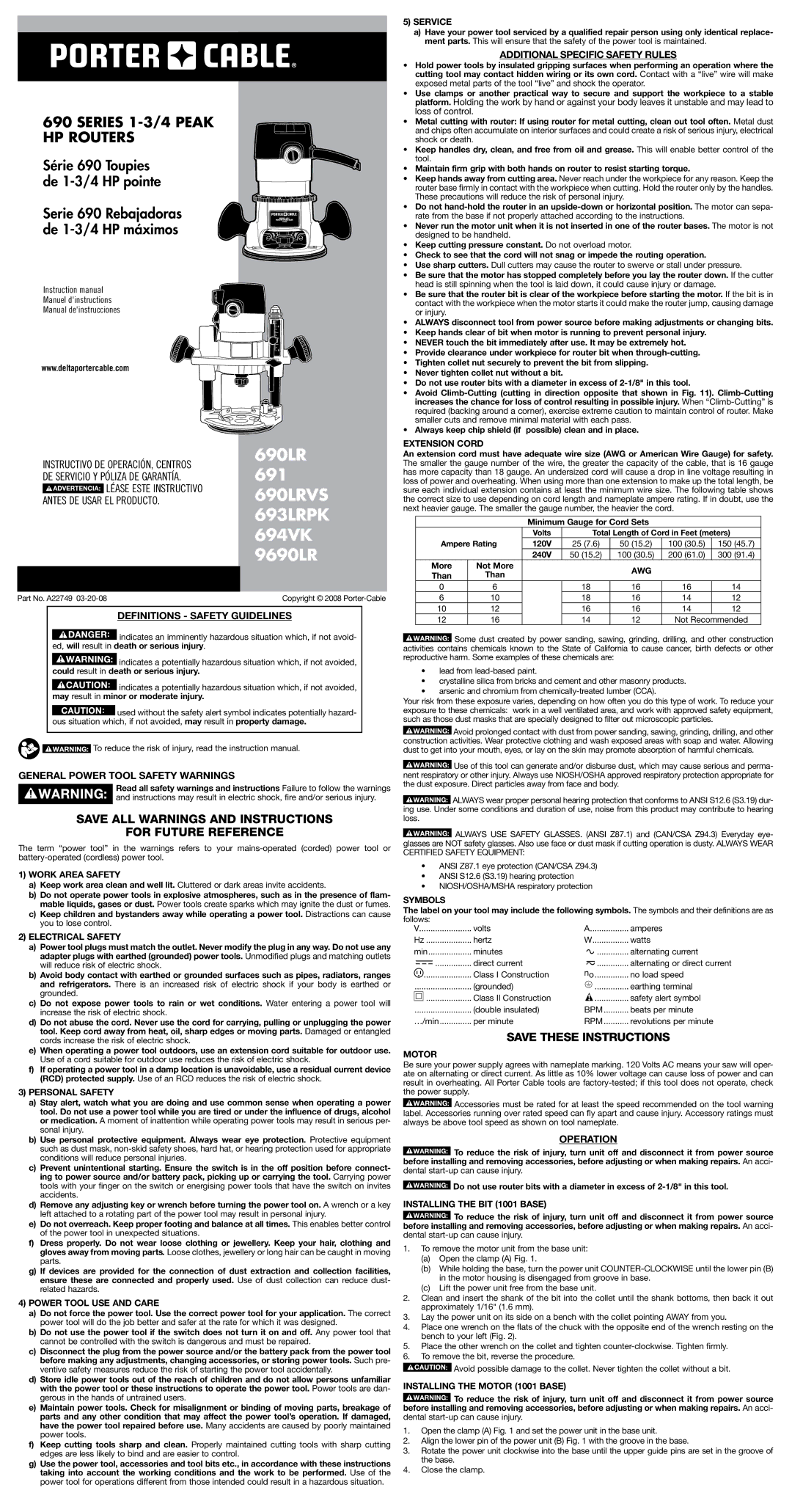 Porter-Cable 9690LR, A22749 instruction manual Save all warnings and instructions For future reference, Operation 