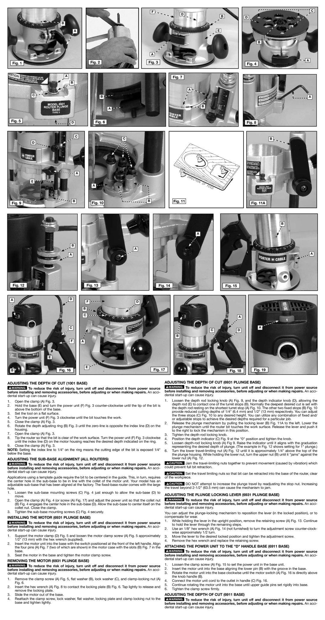 Porter-Cable 690 Series Adjusting the Depth of CUT 1001 Base, Attaching the Power Unit to the D Handle Base 6911 Base 