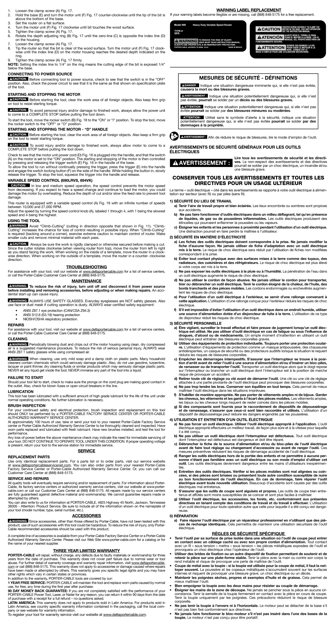 Porter-Cable A22749, 9690LR, 690 Series Troubleshooting Maintenance, Service, Accessories, Three Year Limited Warranty 