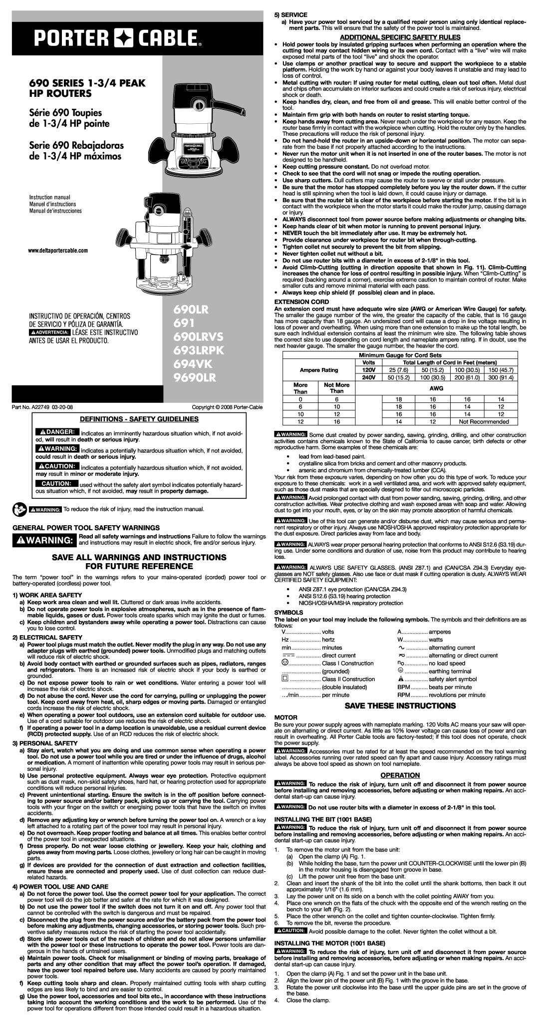 Porter-Cable 9690LR instruction manual Save all warnings and instructions for future reference, Save these instructions 