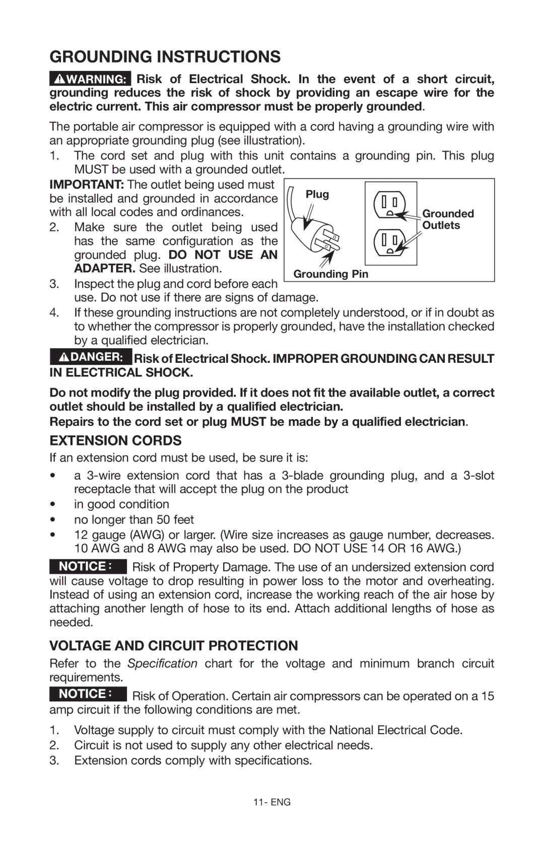 Porter-Cable Air Compressor instruction manual Extension Cords, Voltage and Circuit Protection 