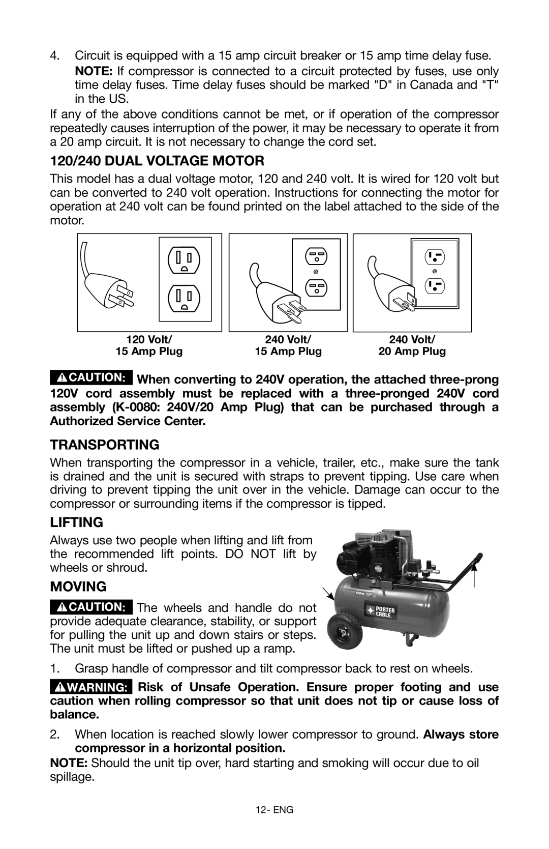 Porter-Cable Air Compressor instruction manual 120/240 Dual Voltage Motor, Transporting, Lifting, Moving 