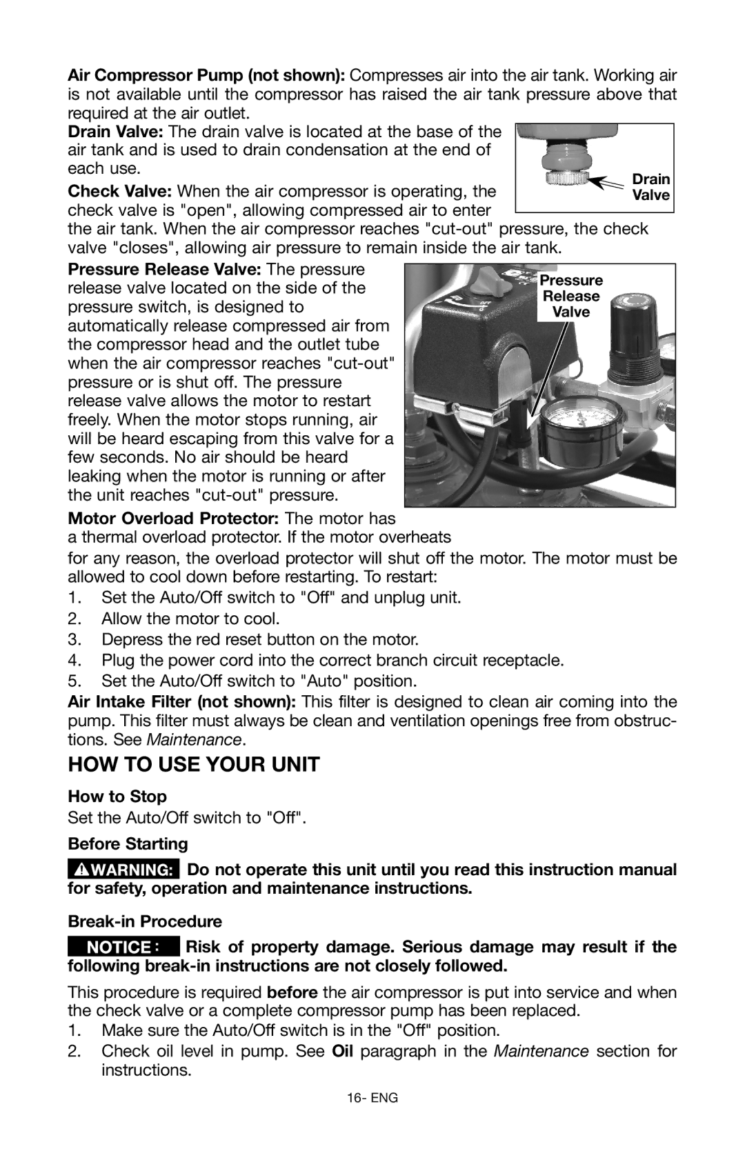 Porter-Cable Air Compressor Pressure Release Valve The pressure, Motor Overload Protector The motor has, How to Stop 