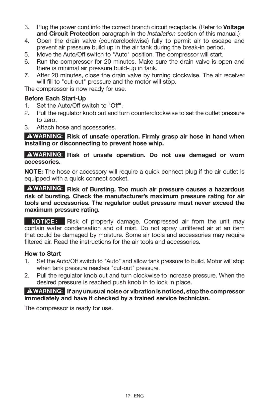 Porter-Cable Air Compressor instruction manual Before Each Start-Up, How to Start 