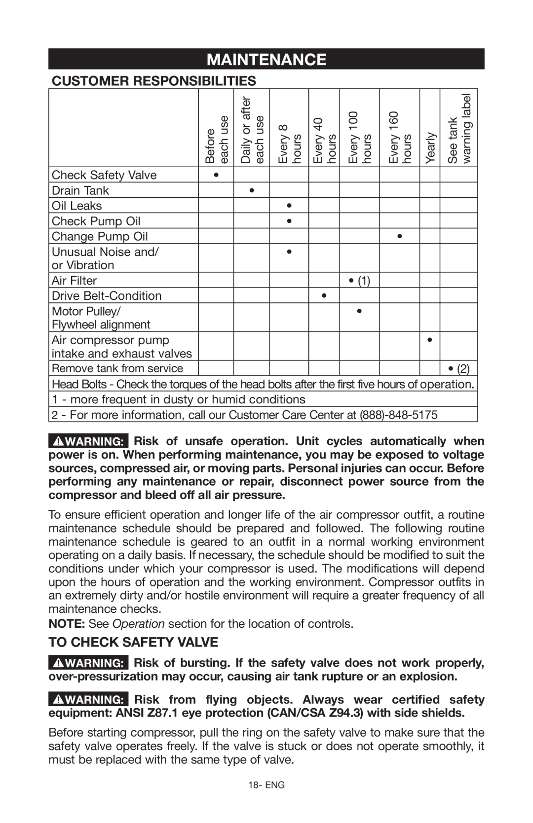 Porter-Cable Air Compressor instruction manual Maintenance, Customer Responsibilities, To Check Safety Valve 