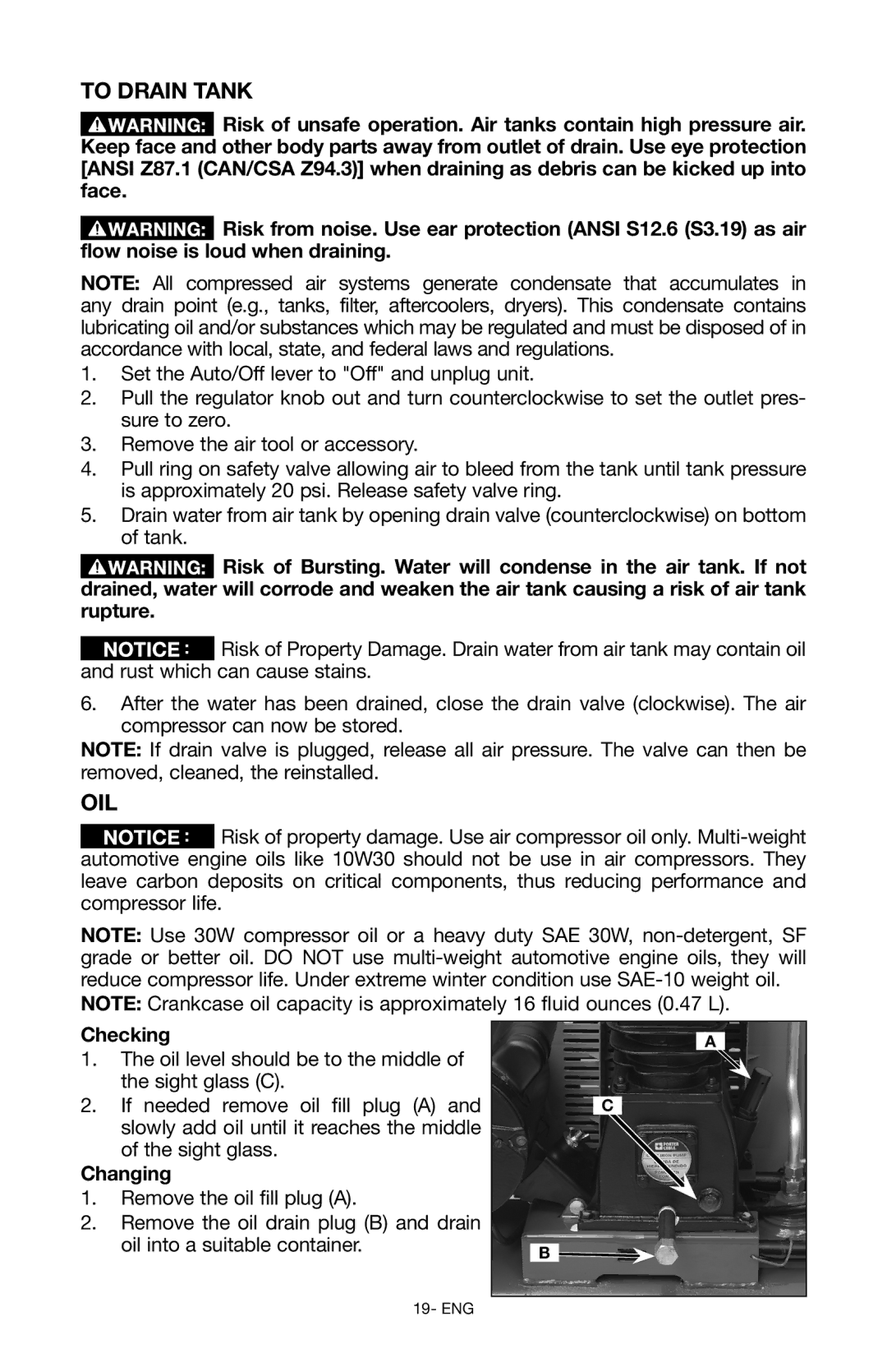 Porter-Cable Air Compressor instruction manual To Drain Tank, Oil, Checking, Changing 