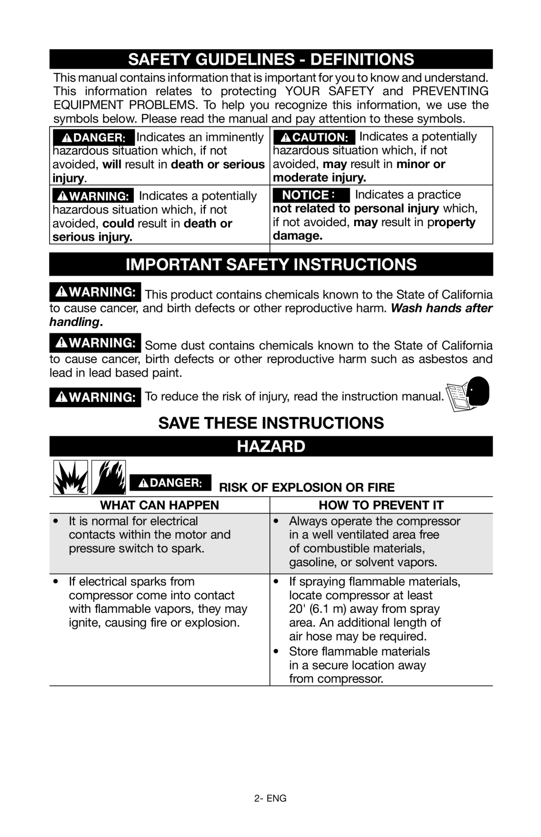 Porter-Cable Air Compressor instruction manual Safety Guidelines Definitions, Important Safety Instructions, Hazard 