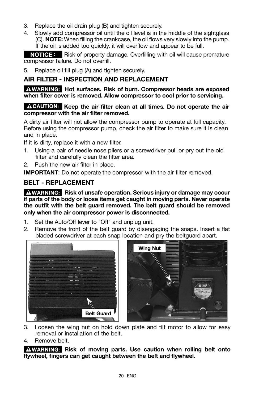 Porter-Cable Air Compressor instruction manual Air Filter Inspection and Replacement, Belt Replacement 