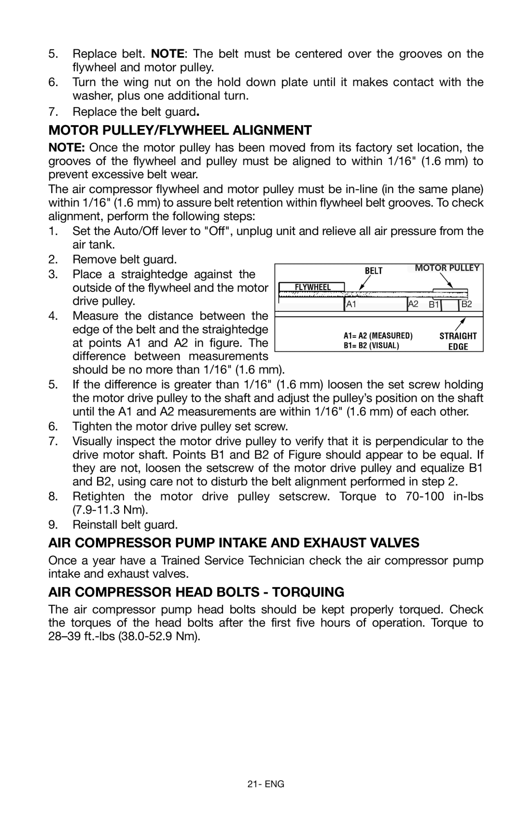 Porter-Cable instruction manual Motor Pulley/Flywheel Alignment, Air Compressor Pump Intake and Exhaust Valves 