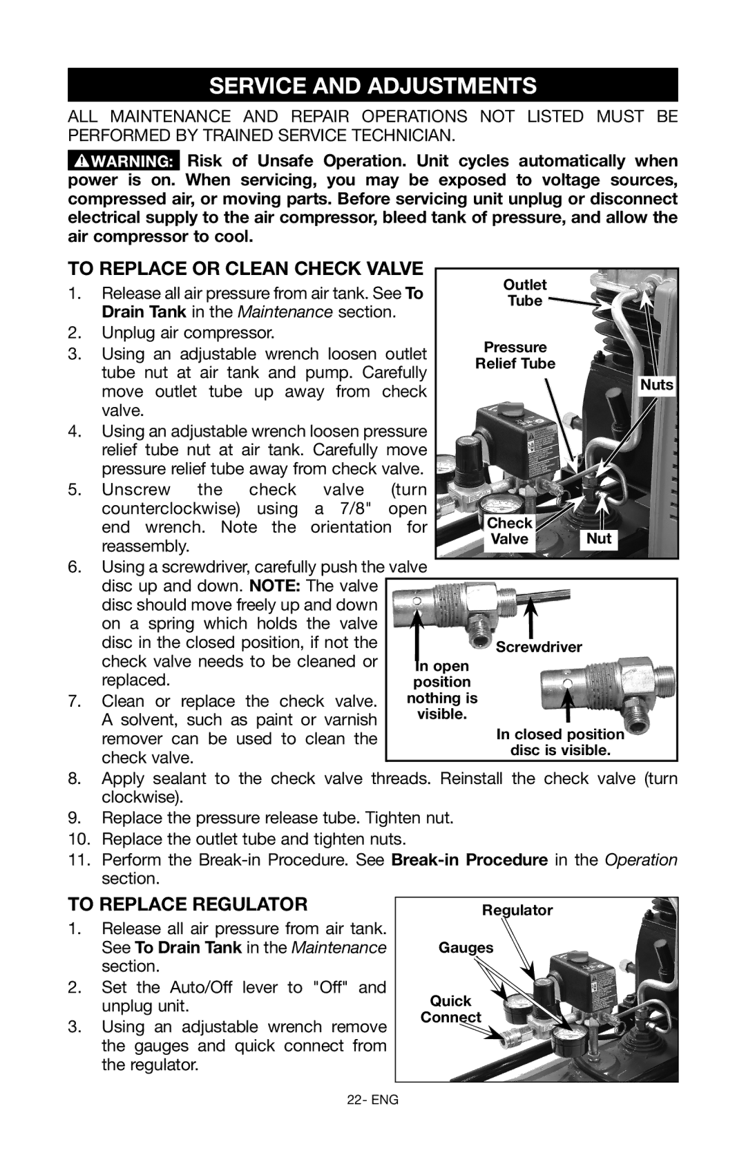 Porter-Cable Air Compressor Service and Adjustments, To Replace or Clean Check Valve, To Replace Regulator 