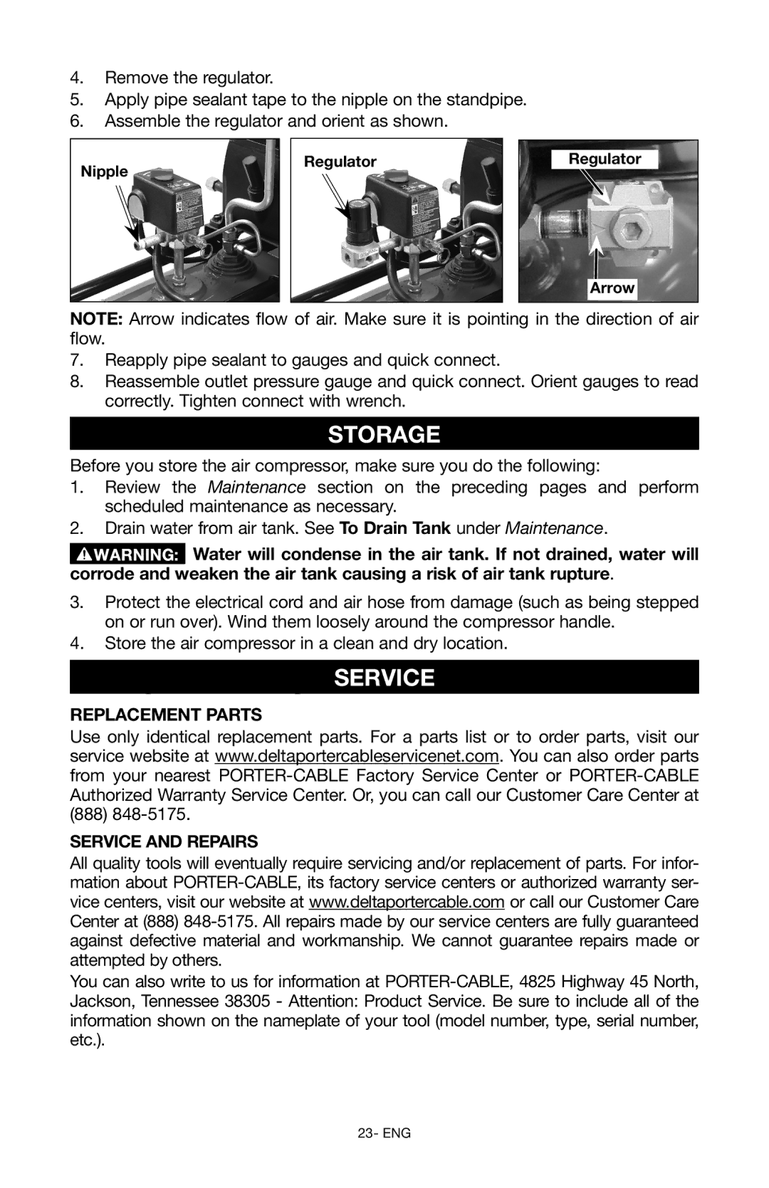 Porter-Cable Air Compressor instruction manual Storage, Replacement Parts Service and Repairs 