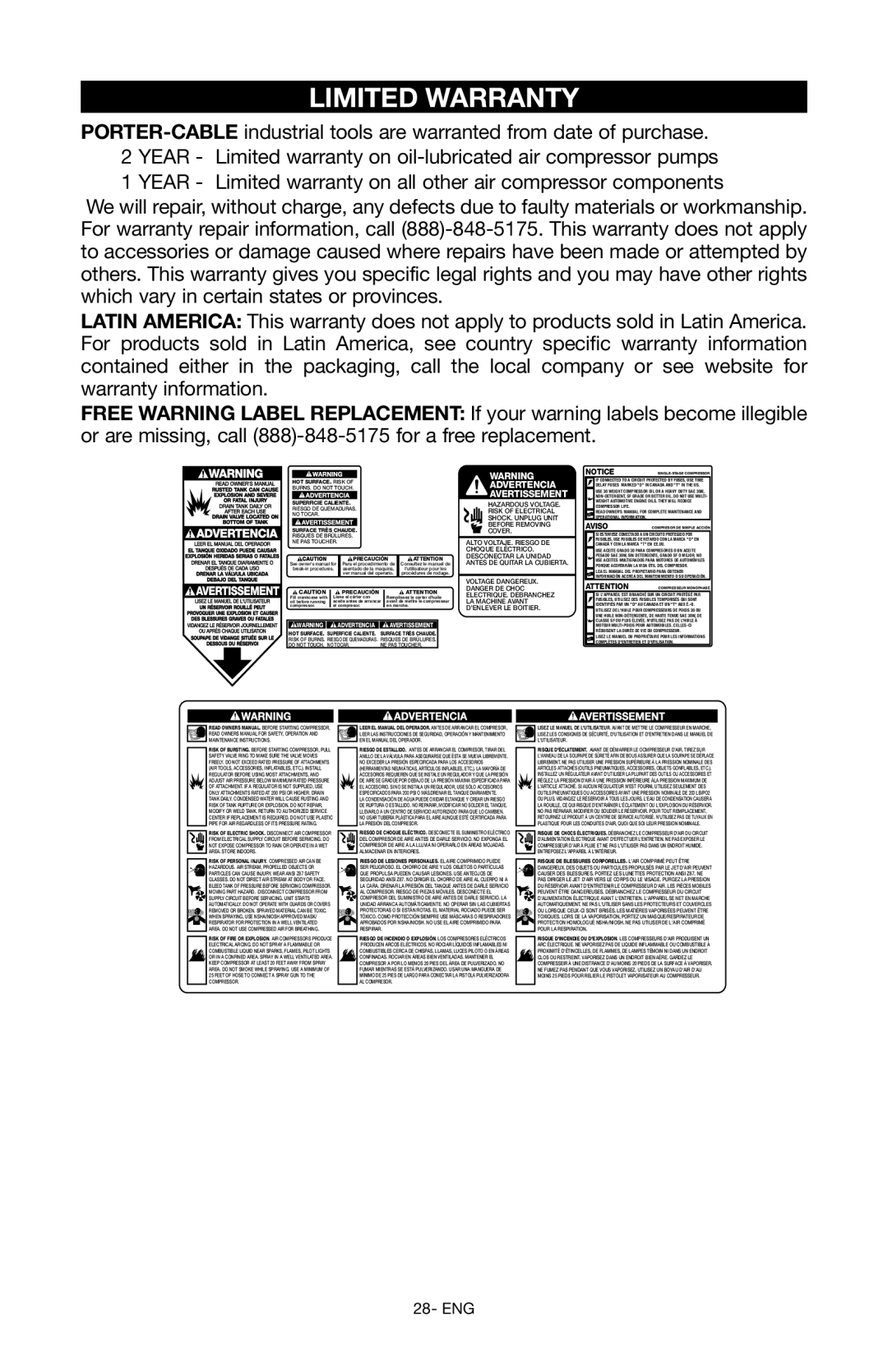 Porter-Cable Air Compressor instruction manual Limited Warranty 