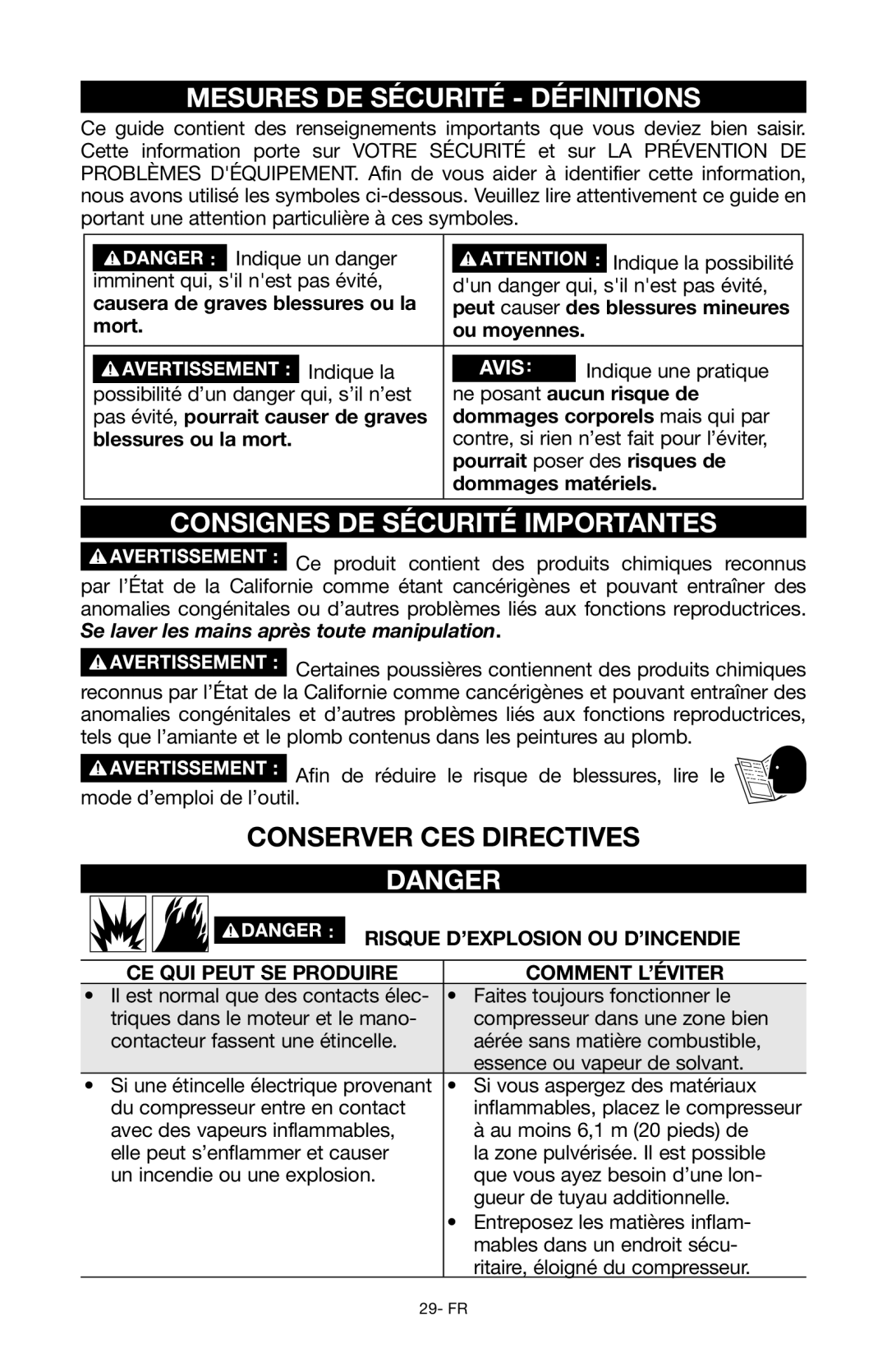 Porter-Cable Air Compressor Mesures DE Sécurité Définitions, Consignes DE Sécurité Importantes, Ne posant aucun risque de 