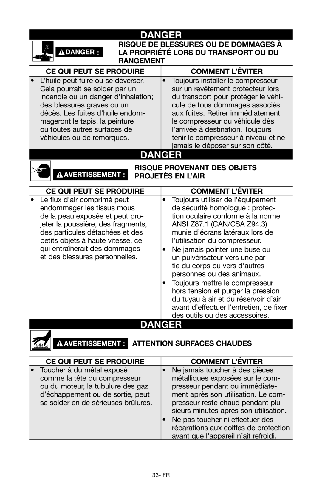 Porter-Cable Air Compressor instruction manual Ne pas toucher ni effectuer des 