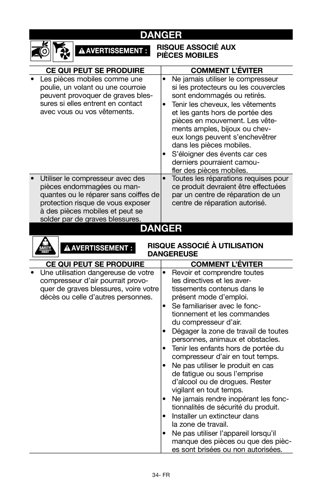 Porter-Cable Air Compressor instruction manual Risque associÉ aux, PiÈces mobiles 