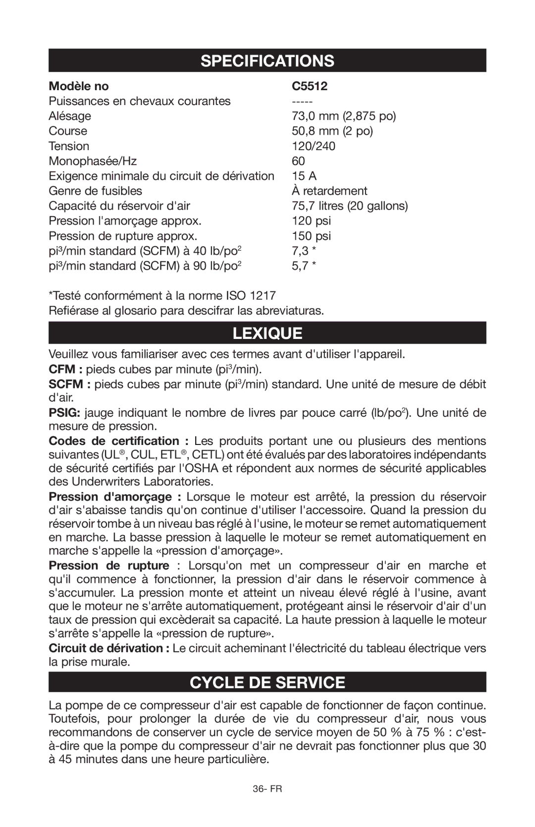 Porter-Cable Air Compressor instruction manual Specifications, Lexique, Cycle DE Service, Modèle no C5512 