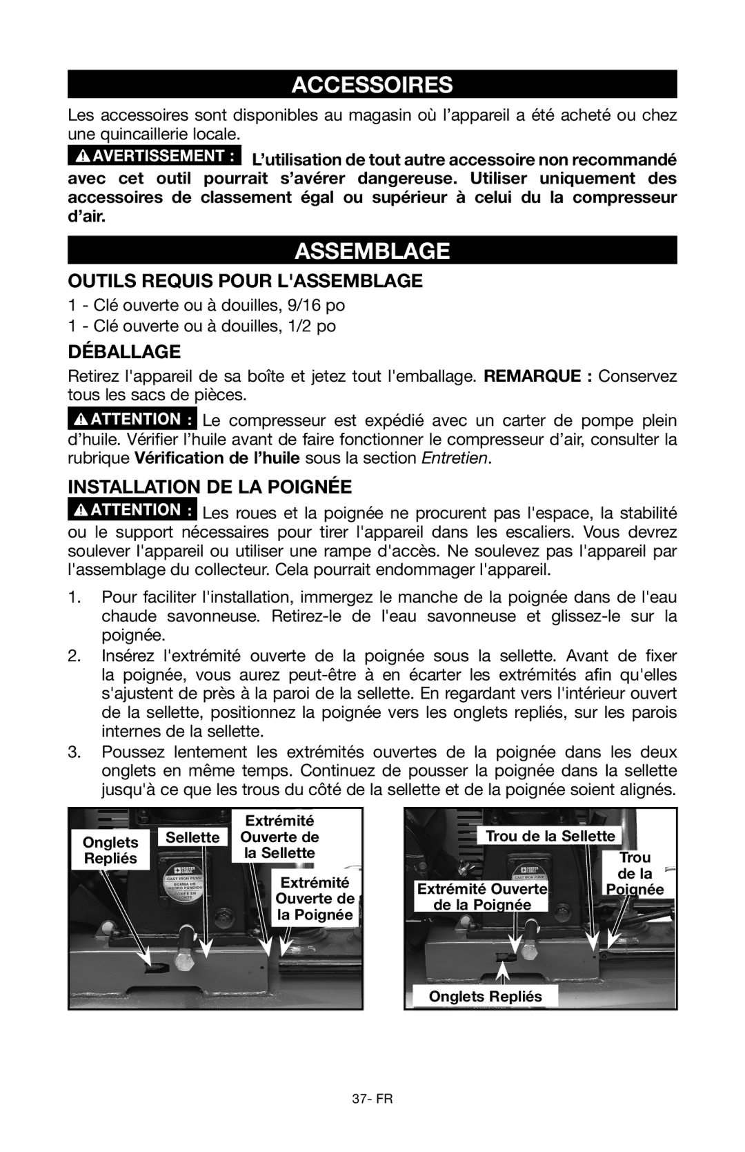 Porter-Cable Air Compressor Accessoires, Assemblage, Outils requis pour lassemblage, Déballage, Installation de la poignée 