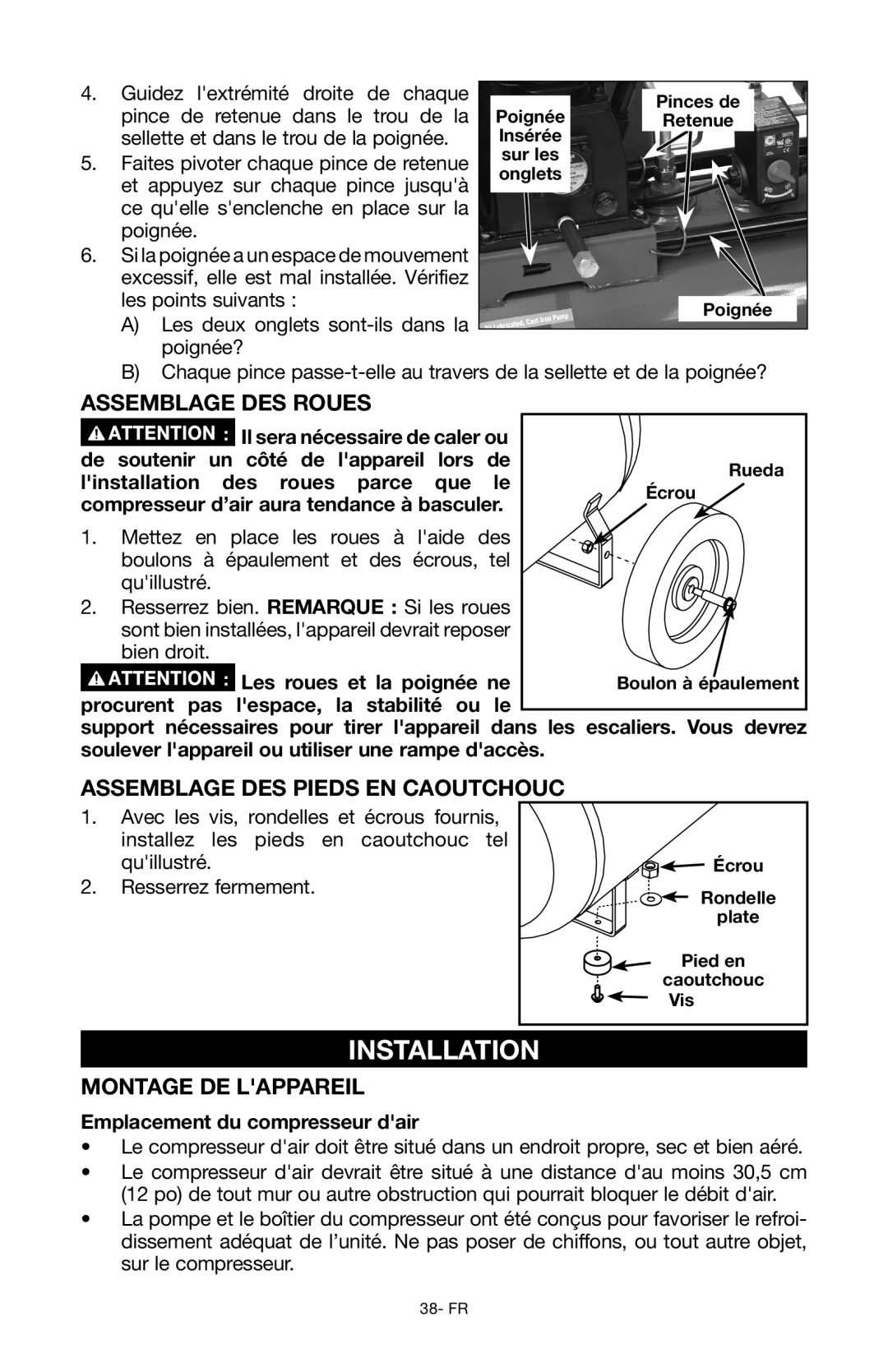 Porter-Cable Air Compressor Assemblage des roues, Assemblage des pieds en caoutchouc, Emplacement du compresseur dair 