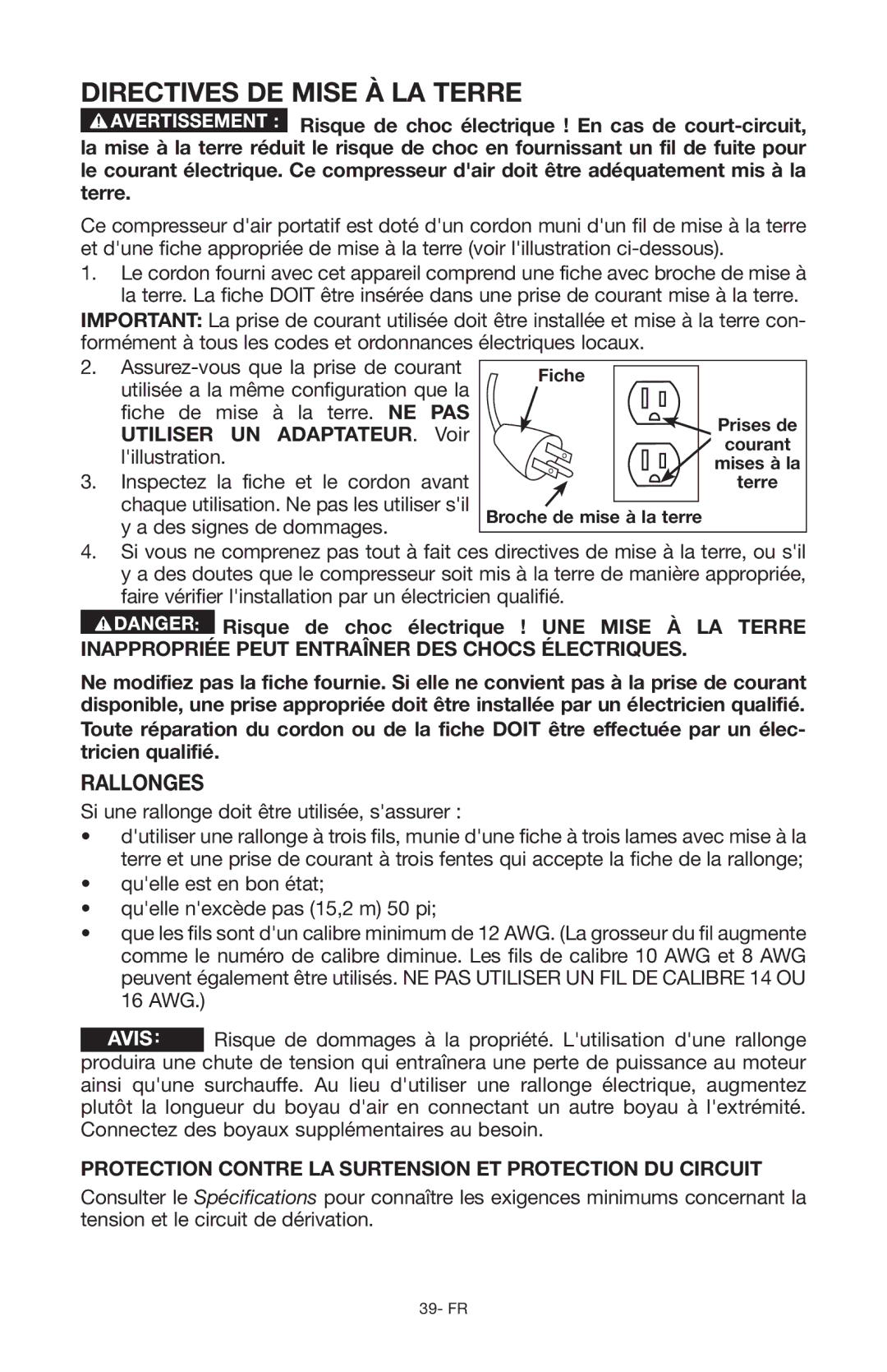 Porter-Cable Air Compressor instruction manual Rallonges, Protection contre la surtension et protection du circuit 