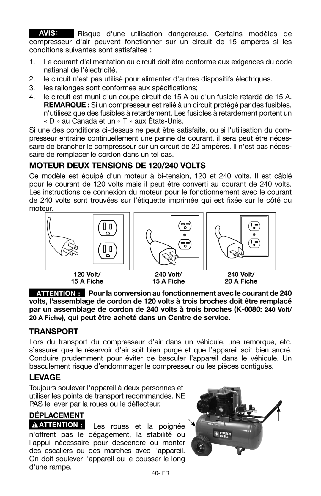 Porter-Cable Air Compressor instruction manual Moteur deux tensions de 120/240 volts, Transport, Levage, Déplacement 