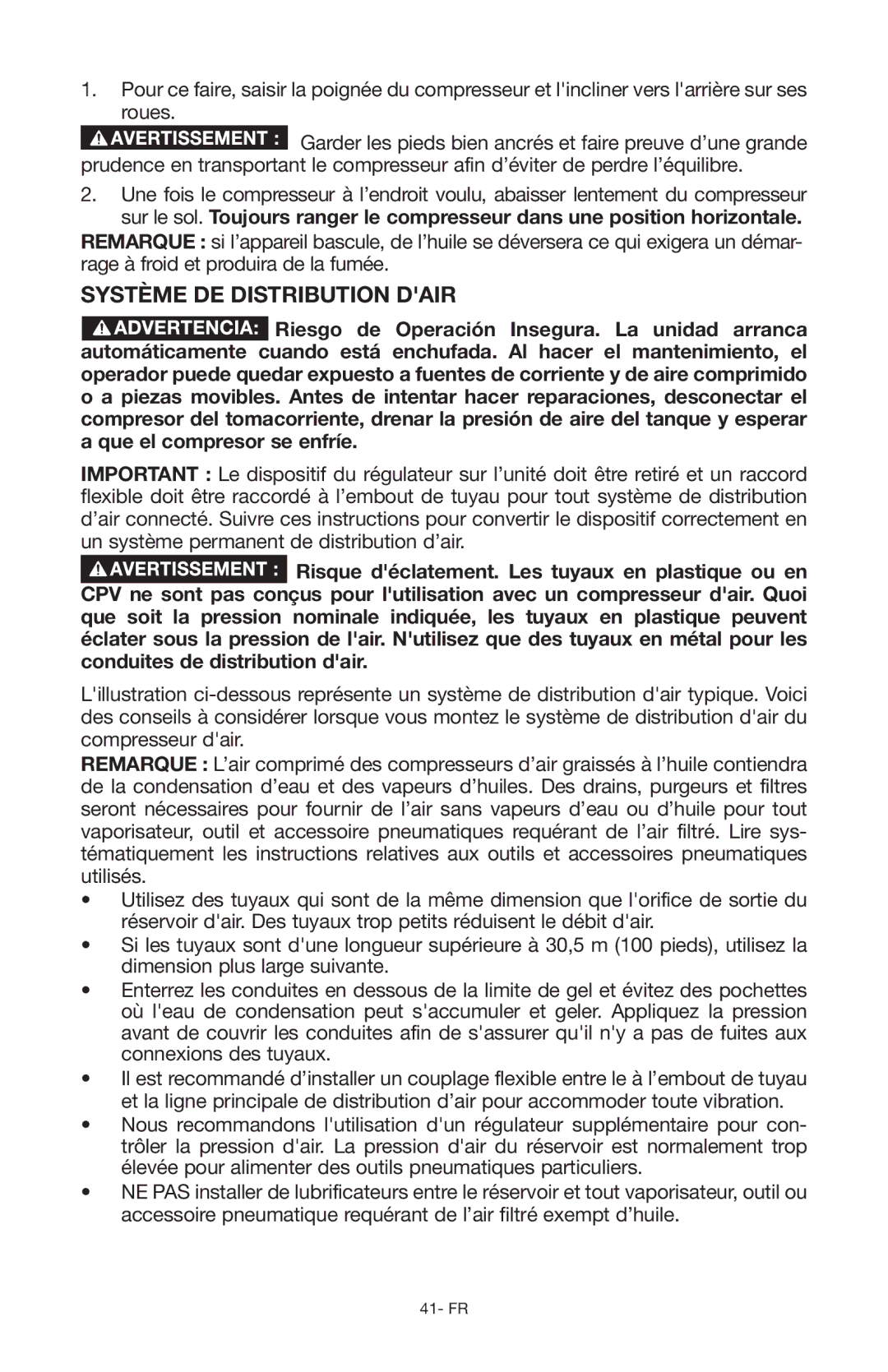 Porter-Cable Air Compressor instruction manual Système de distribution dair, 41-­ FR 