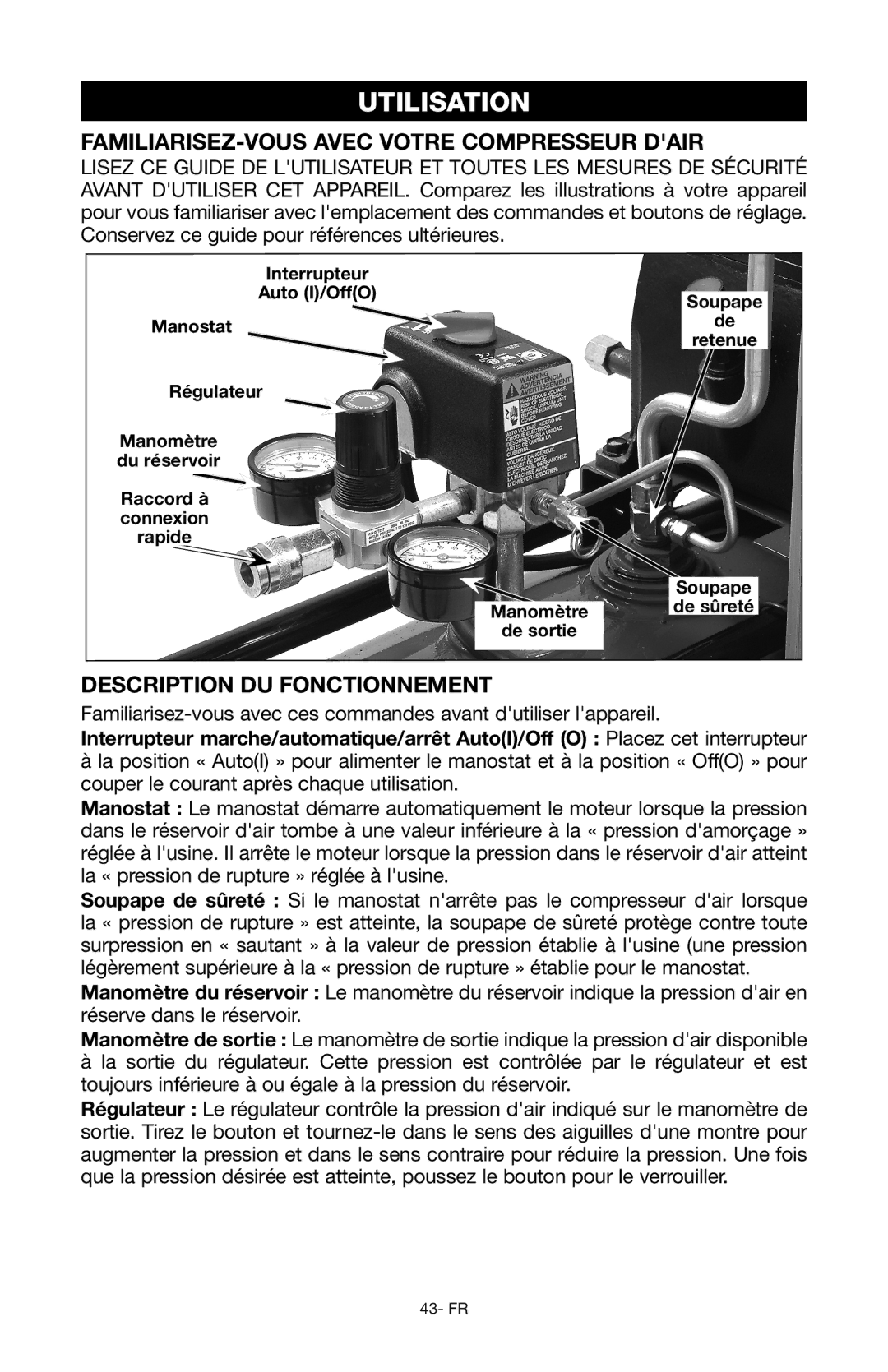 Porter-Cable Air Compressor Utilisation, Familiarisez-vous avec votre compresseur dair, Description du fonctionnement 