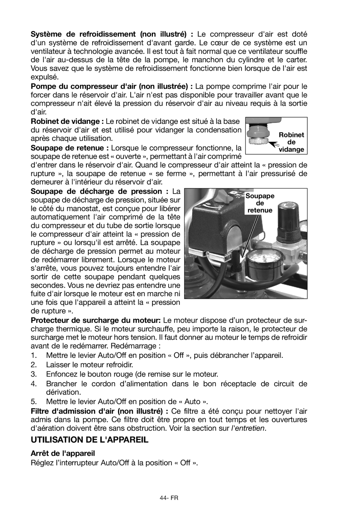 Porter-Cable Air Compressor instruction manual Utilisation de lappareil, Arrêt de lappareil 