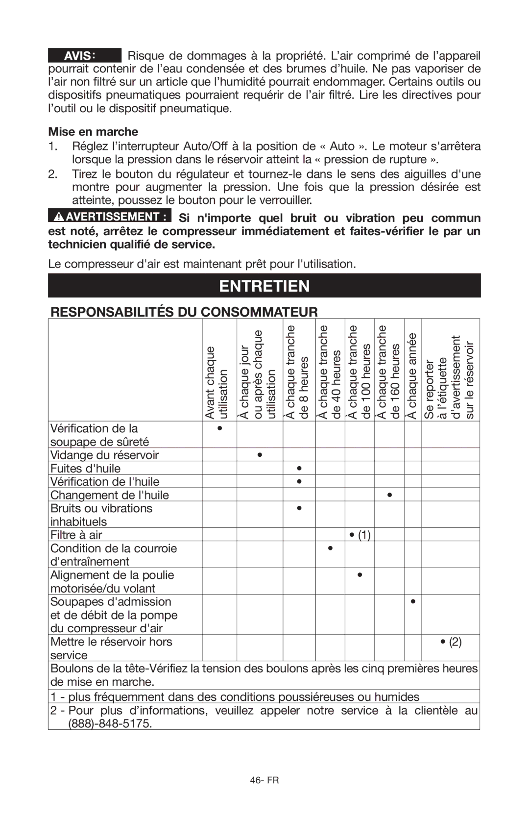 Porter-Cable Air Compressor instruction manual Entretien, Responsabilités du consommateur, Mise en marche 