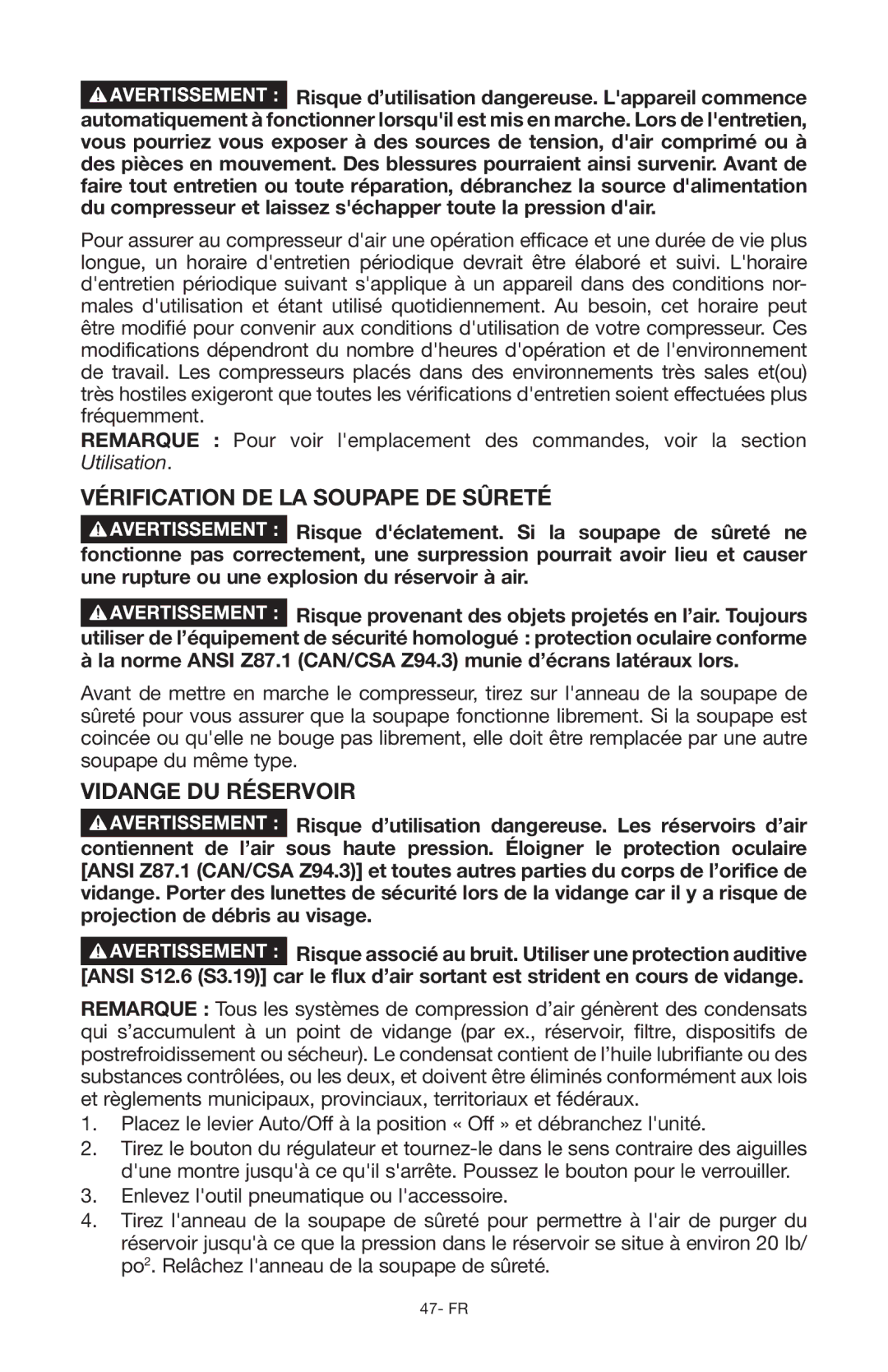 Porter-Cable Air Compressor instruction manual Vérification de la soupape de sûreté, Vidange du réservoir 