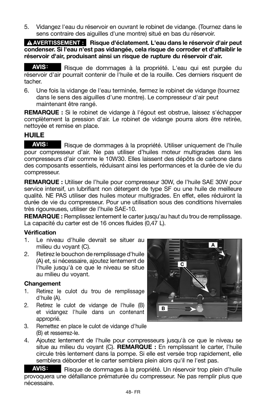 Porter-Cable Air Compressor instruction manual Huile, Vérification, Changement 