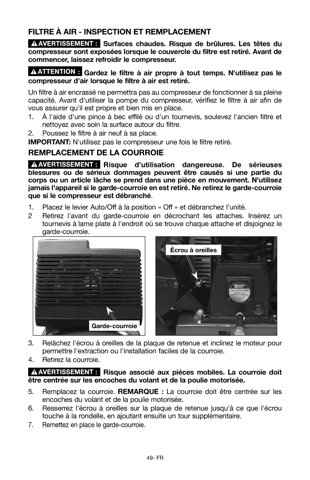 Porter-Cable Air Compressor instruction manual Filtre à air Inspection et remplacement, Remplacement de la courroie 