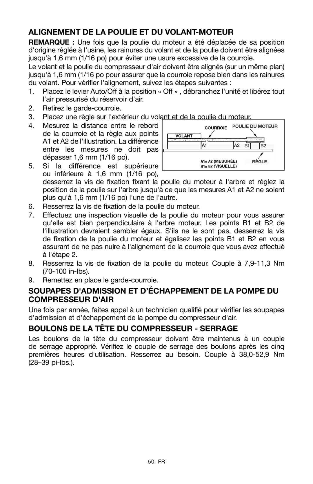 Porter-Cable Air Compressor Alignement de la poulie et du volant-moteur, Boulons de la tête du compresseur serrage 