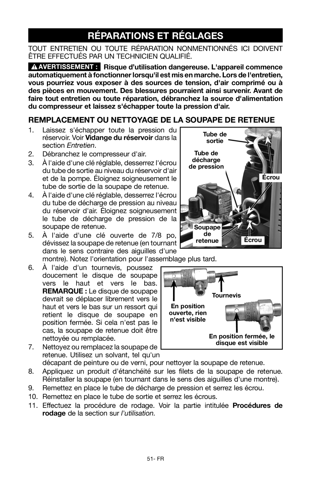 Porter-Cable Air Compressor instruction manual Réparations ET Réglages, Remplacement ou nettoyage de la soupape de retenue 