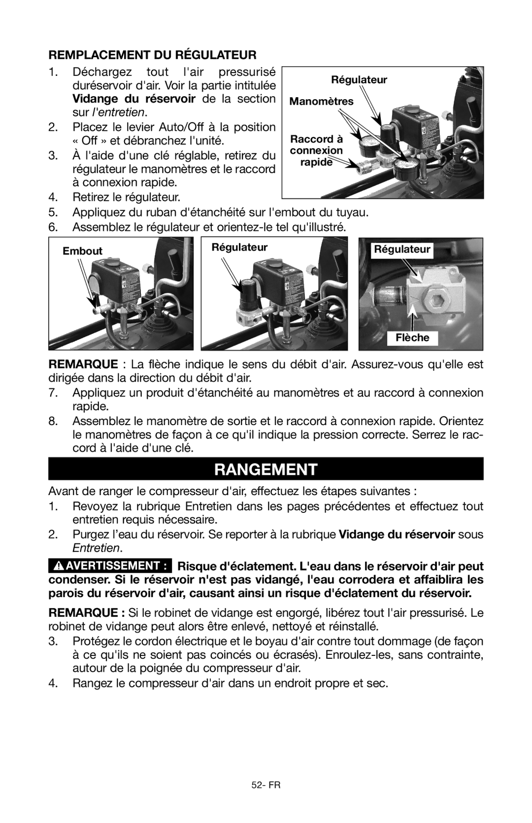 Porter-Cable Air Compressor instruction manual Rangement, Remplacement du régulateur 