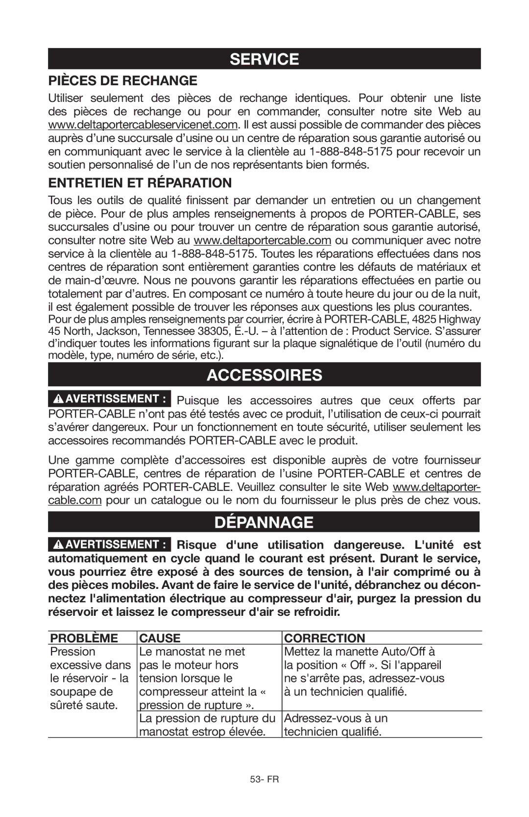 Porter-Cable Air Compressor instruction manual Service, Dépannage, Problème Cause Correction 