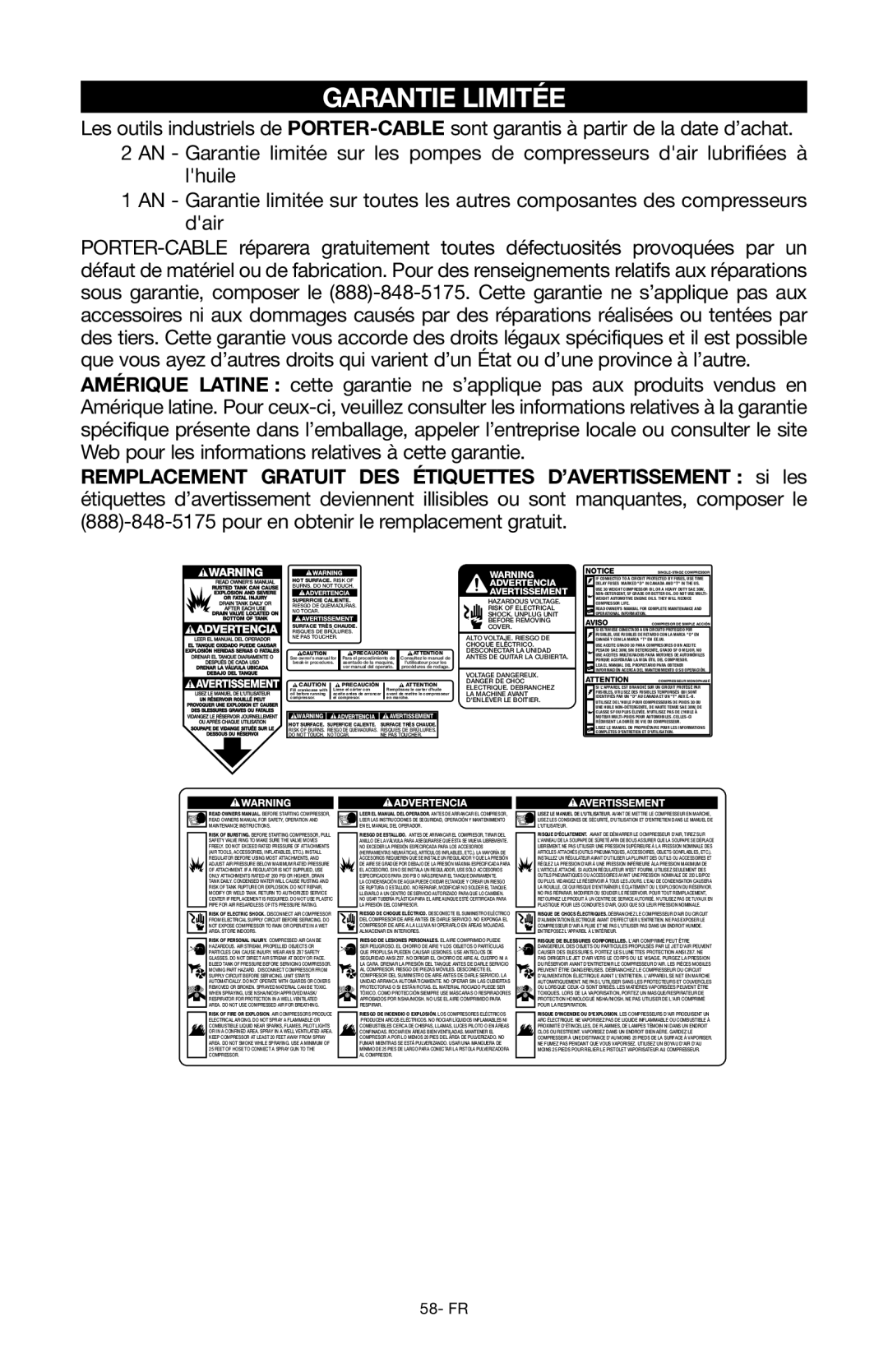 Porter-Cable Air Compressor instruction manual Garantie Limitée 