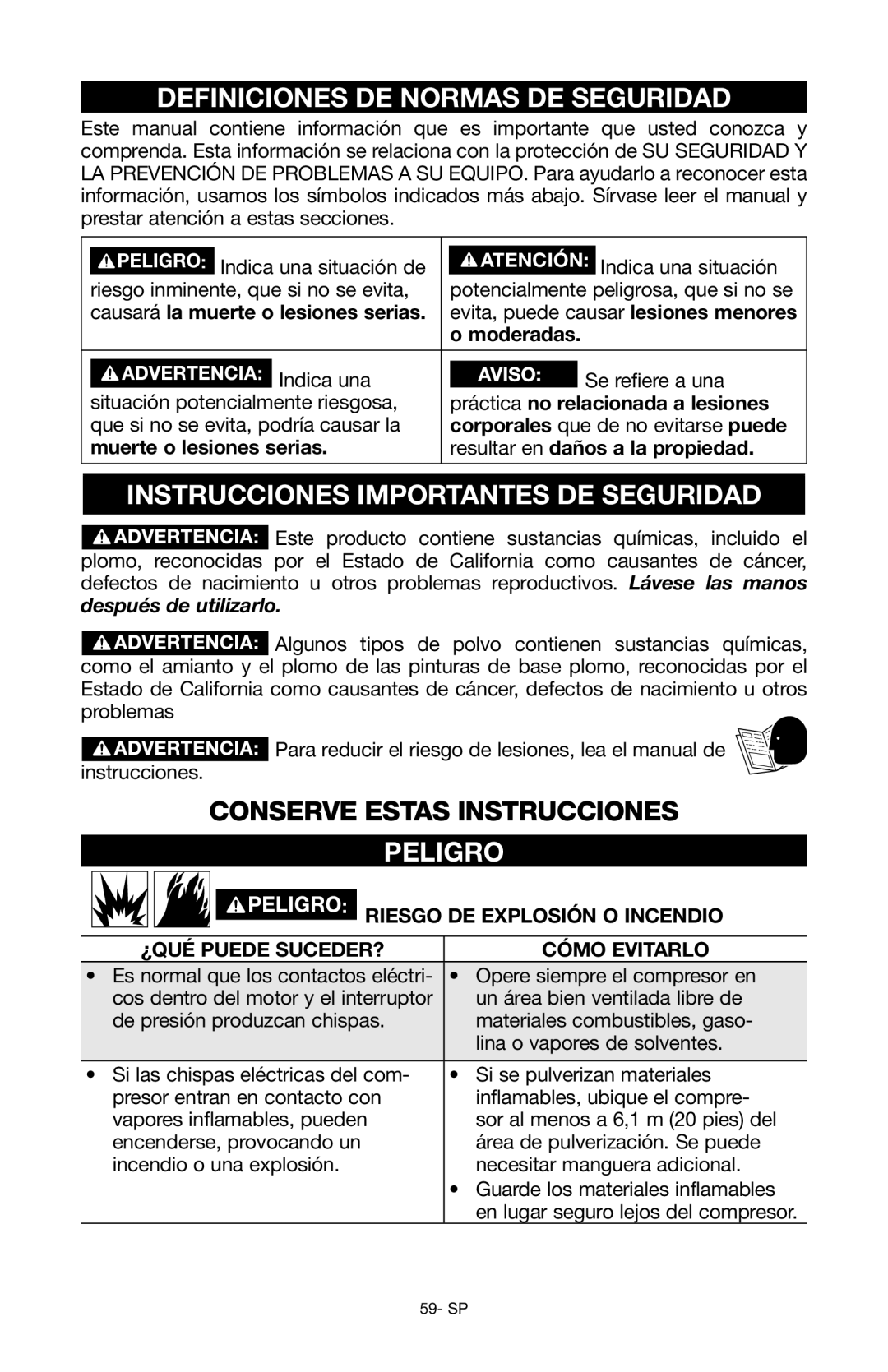 Porter-Cable Air Compressor Definiciones DE Normas DE Seguridad, Instrucciones Importantes DE Seguridad, Peligro 