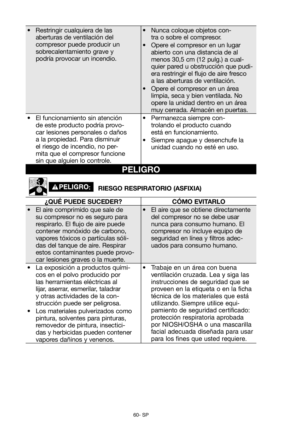 Porter-Cable Air Compressor instruction manual Riesgo Respiratorio asfixia, ¿Qué puede suceder? Cómo evitarlo 