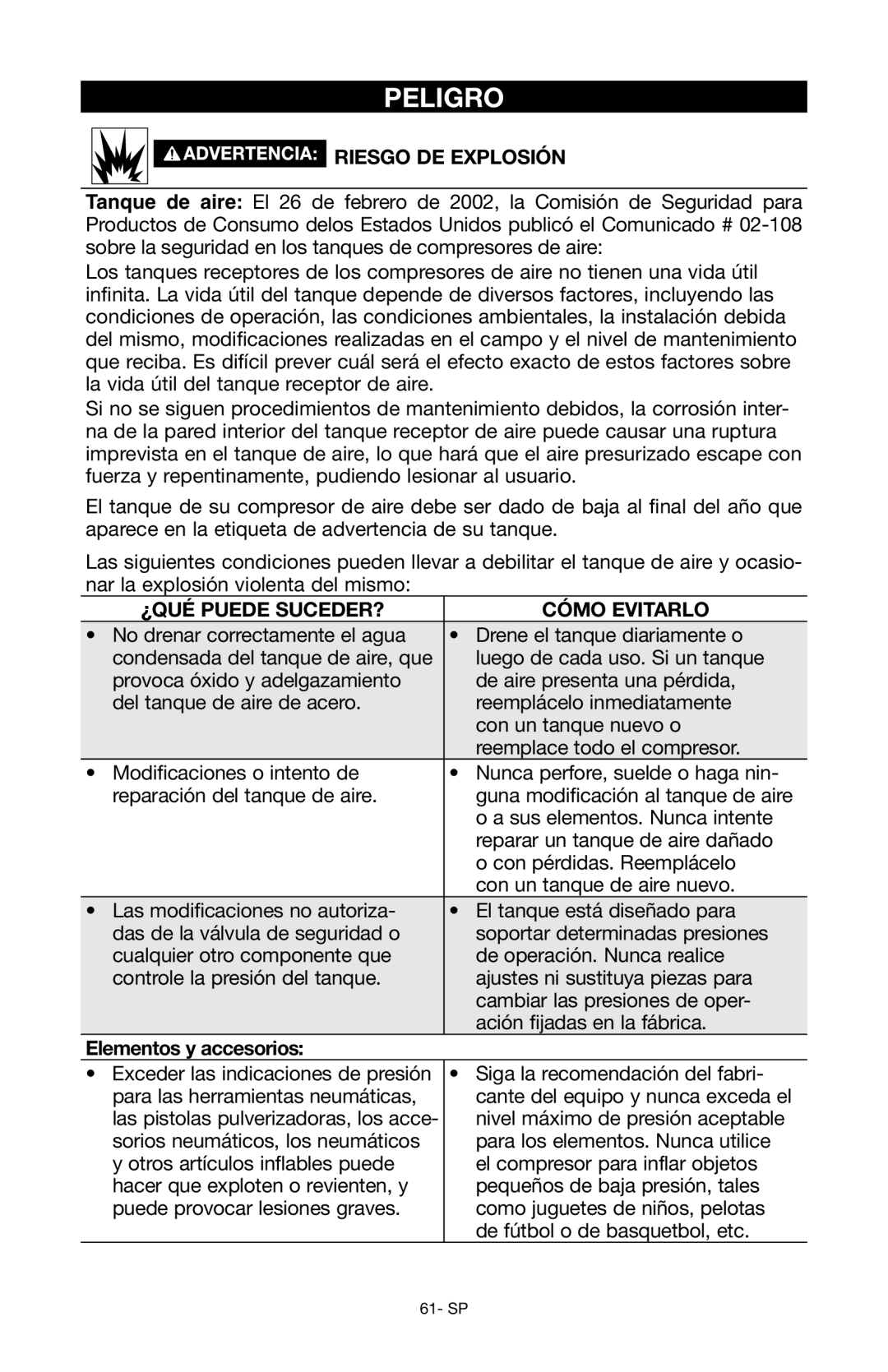 Porter-Cable Air Compressor instruction manual Riesgo de explosión, Elementos y accesorios 