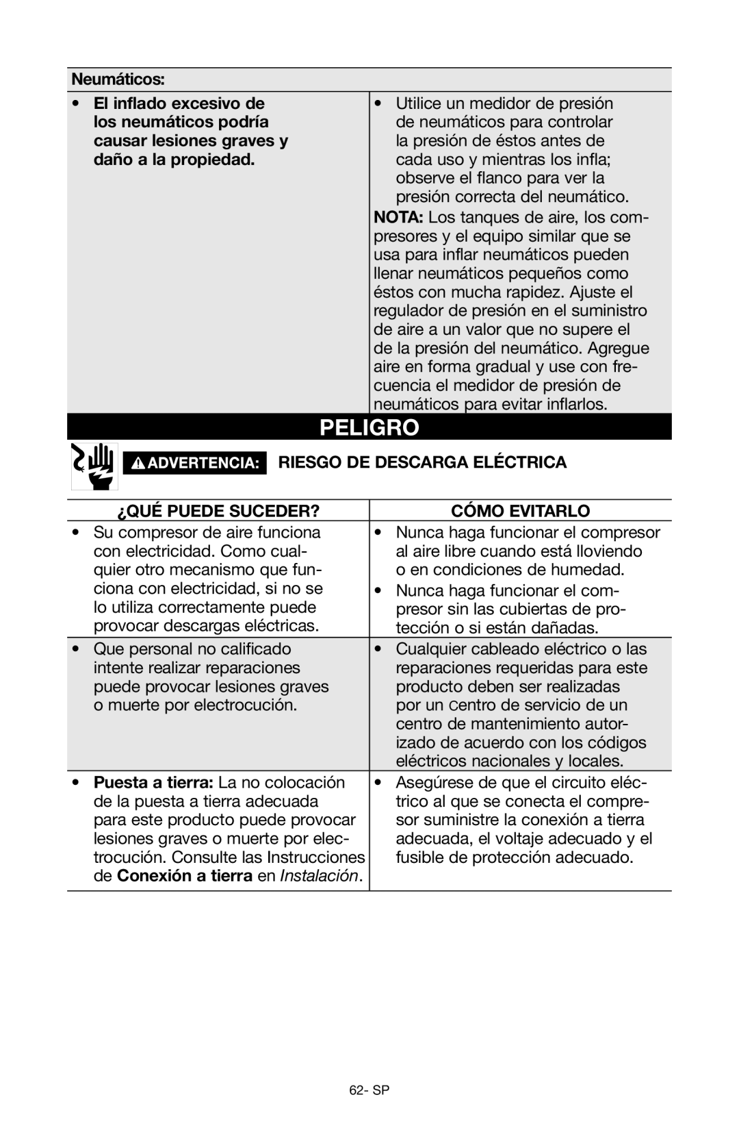 Porter-Cable Air Compressor Neumáticos El inflado excesivo de, Los neumáticos podría, Causar lesiones graves y 