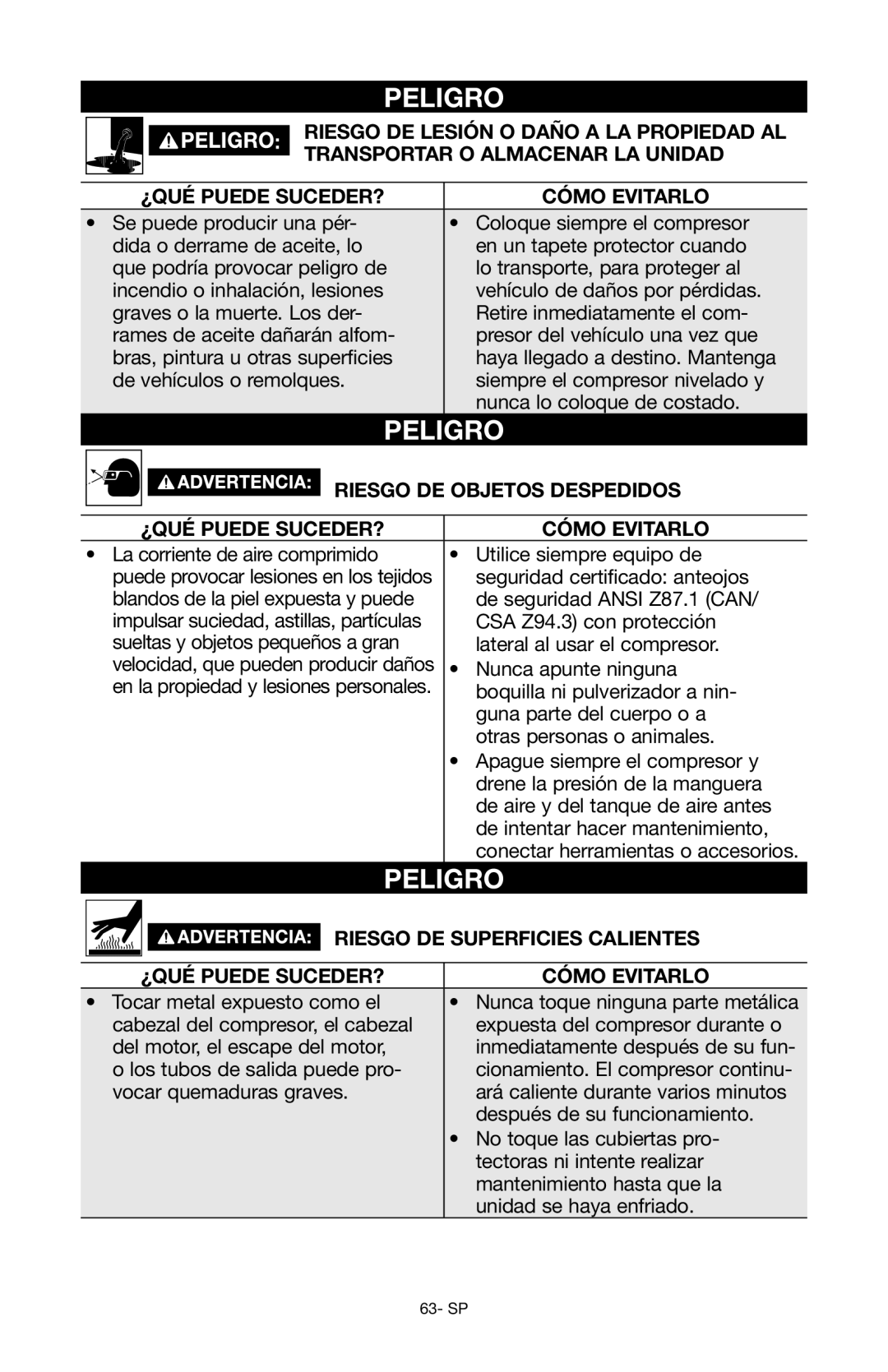 Porter-Cable Air Compressor instruction manual Riesgo de objetos despedidos, Riesgo DE superficies calientes 